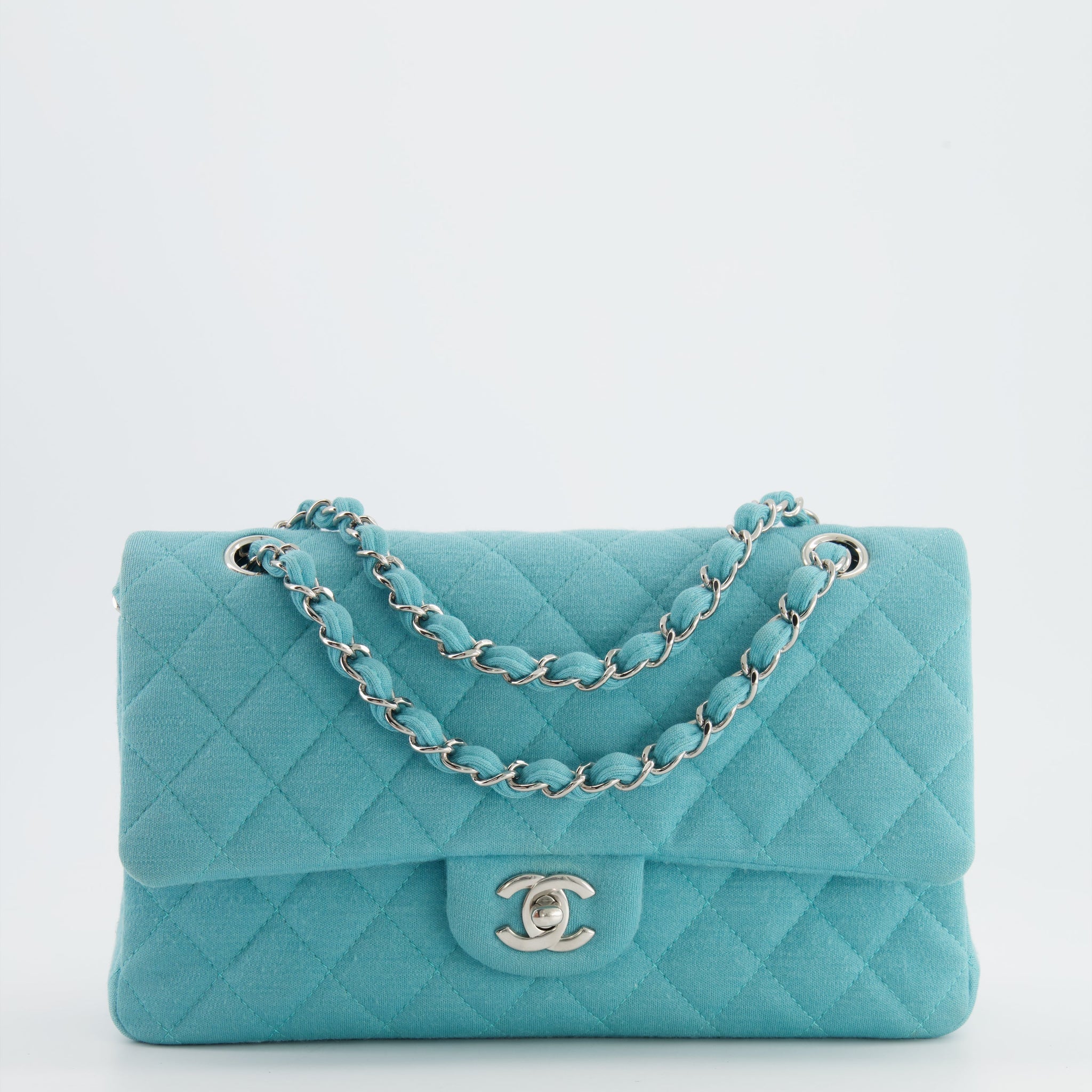 Chanel Turquoise Blue Canvas Medium Classic Double Flap with Silver Hardware  RRP - £8,530