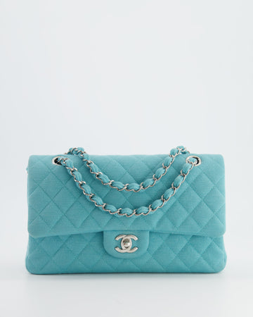 Chanel Turquoise Blue Canvas Medium Classic Double Flap with Silver Hardware  RRP - £8,530