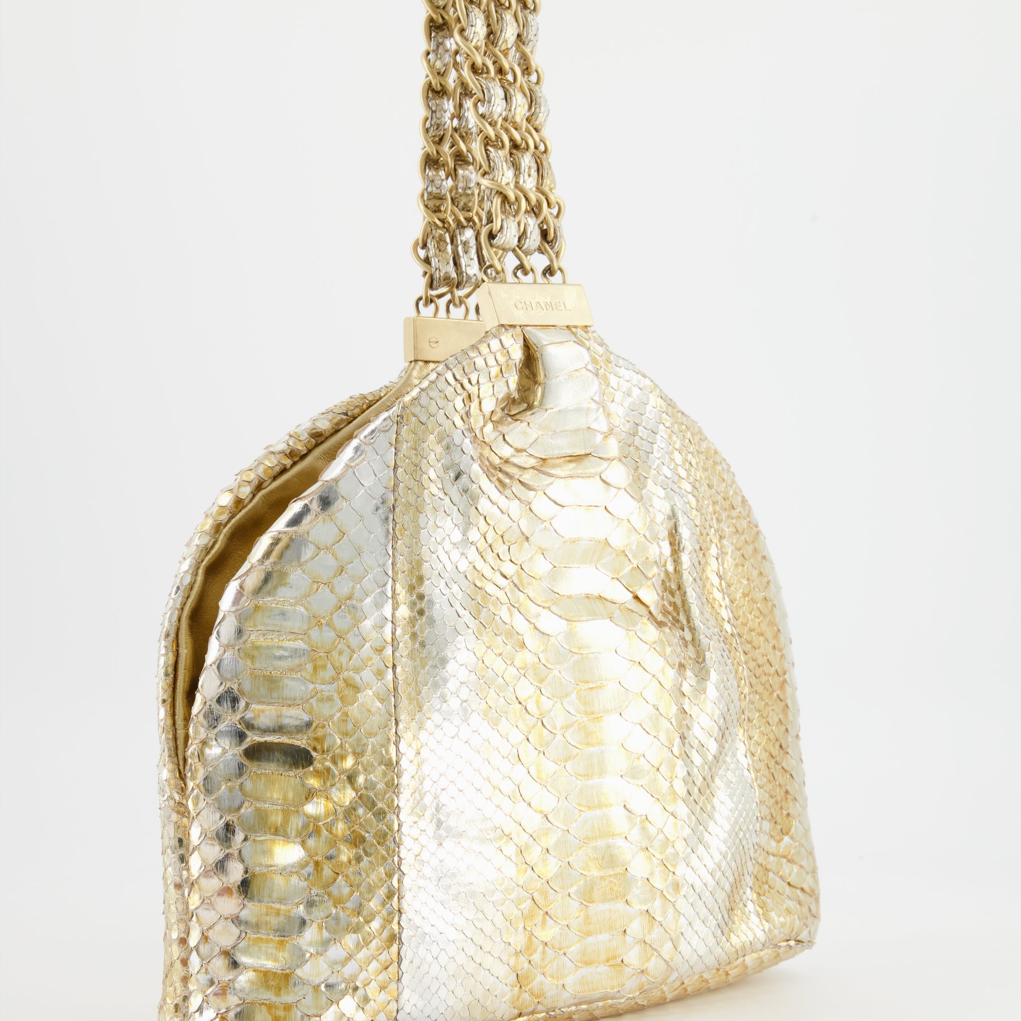 Chanel Vintage Limited Edition Gold Metallic Python Top Handle Bag