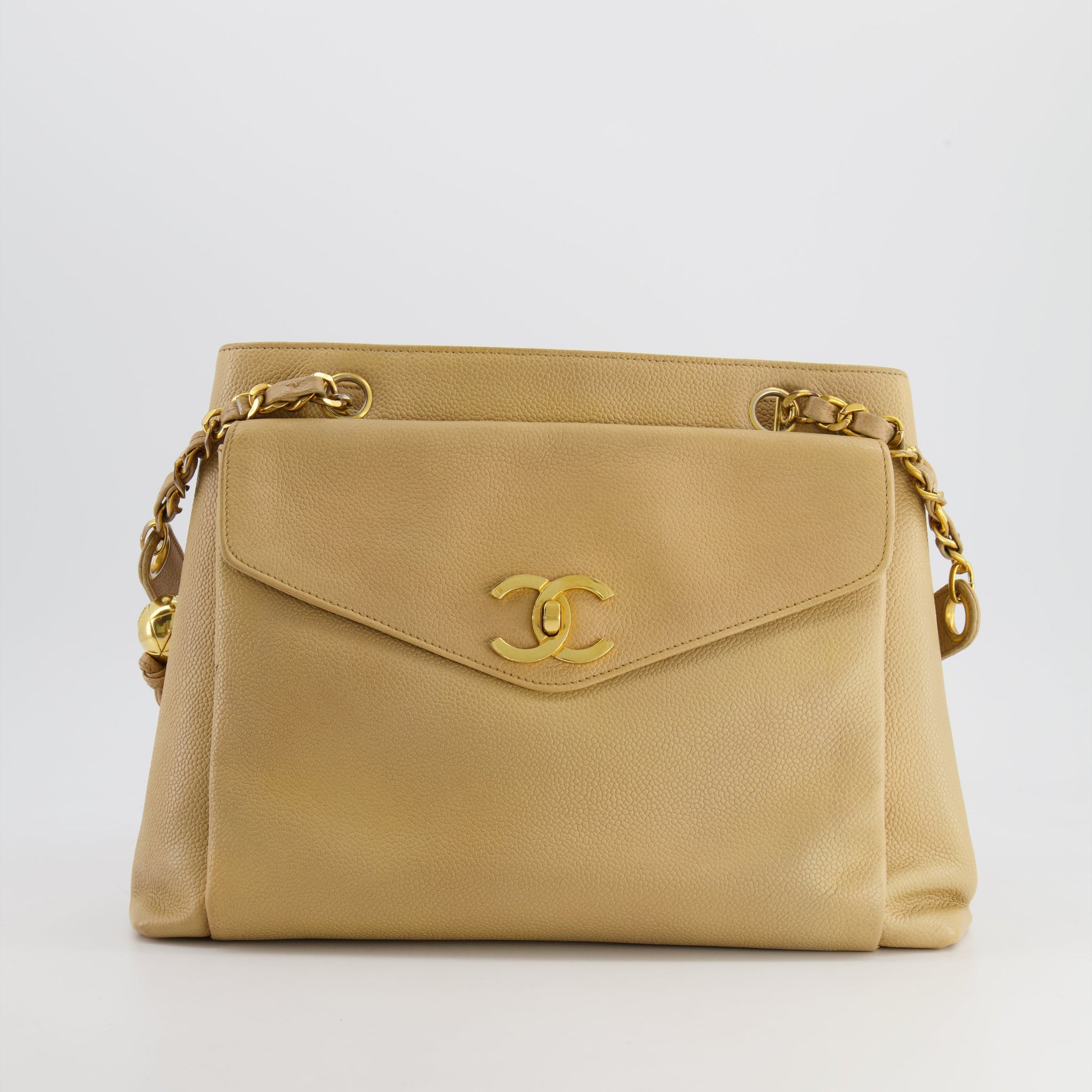 Chanel Vintage Beige Caviar CC Logo Tote Bag with 24k Gold Hardware