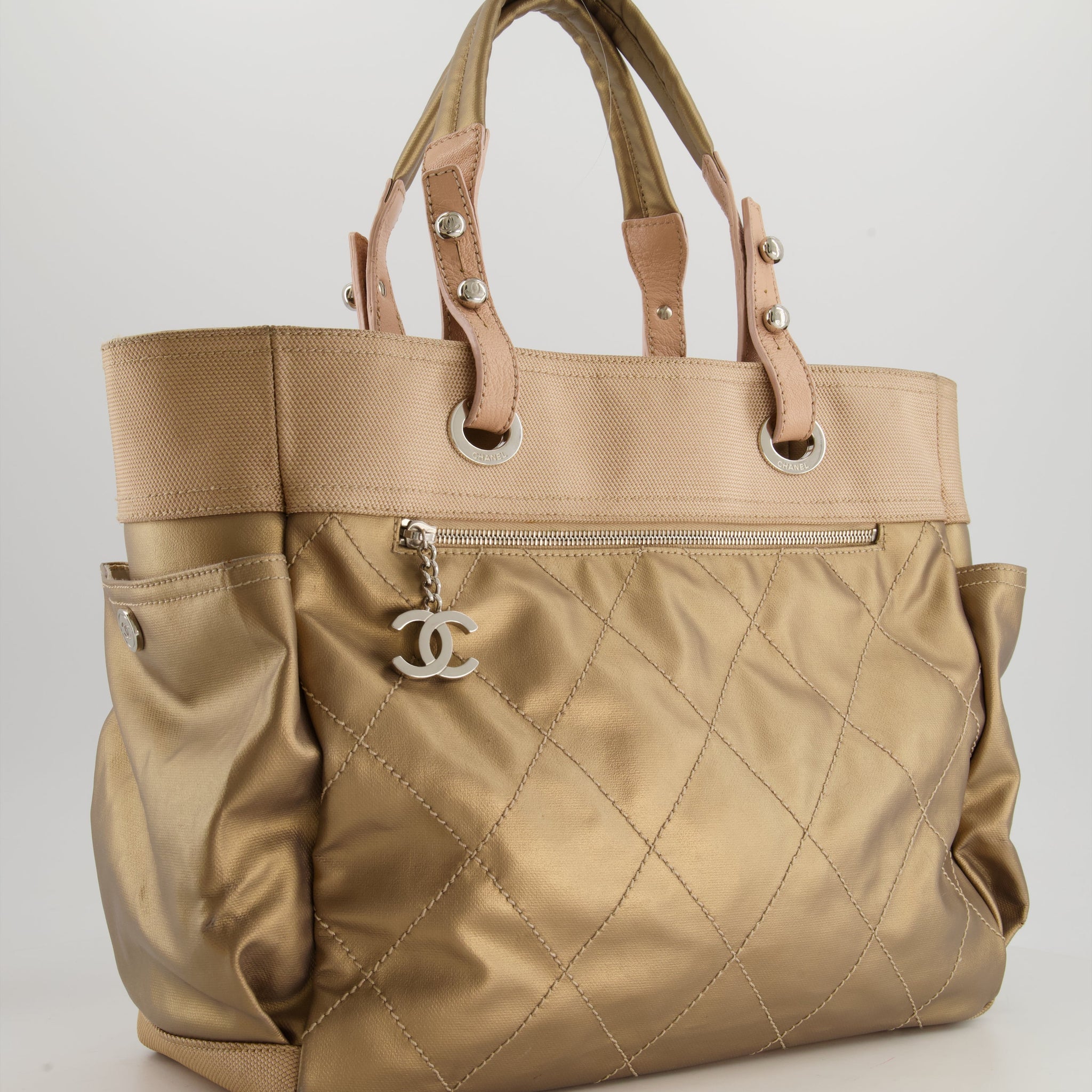 Chanel Vintage Bronze Canvas Shopper Tote Bag with Silver Hardware