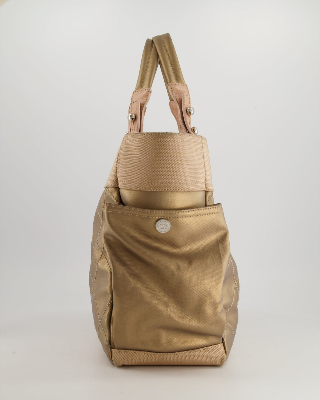 Chanel Vintage Bronze Canvas Shopper Tote Bag with Silver Hardware