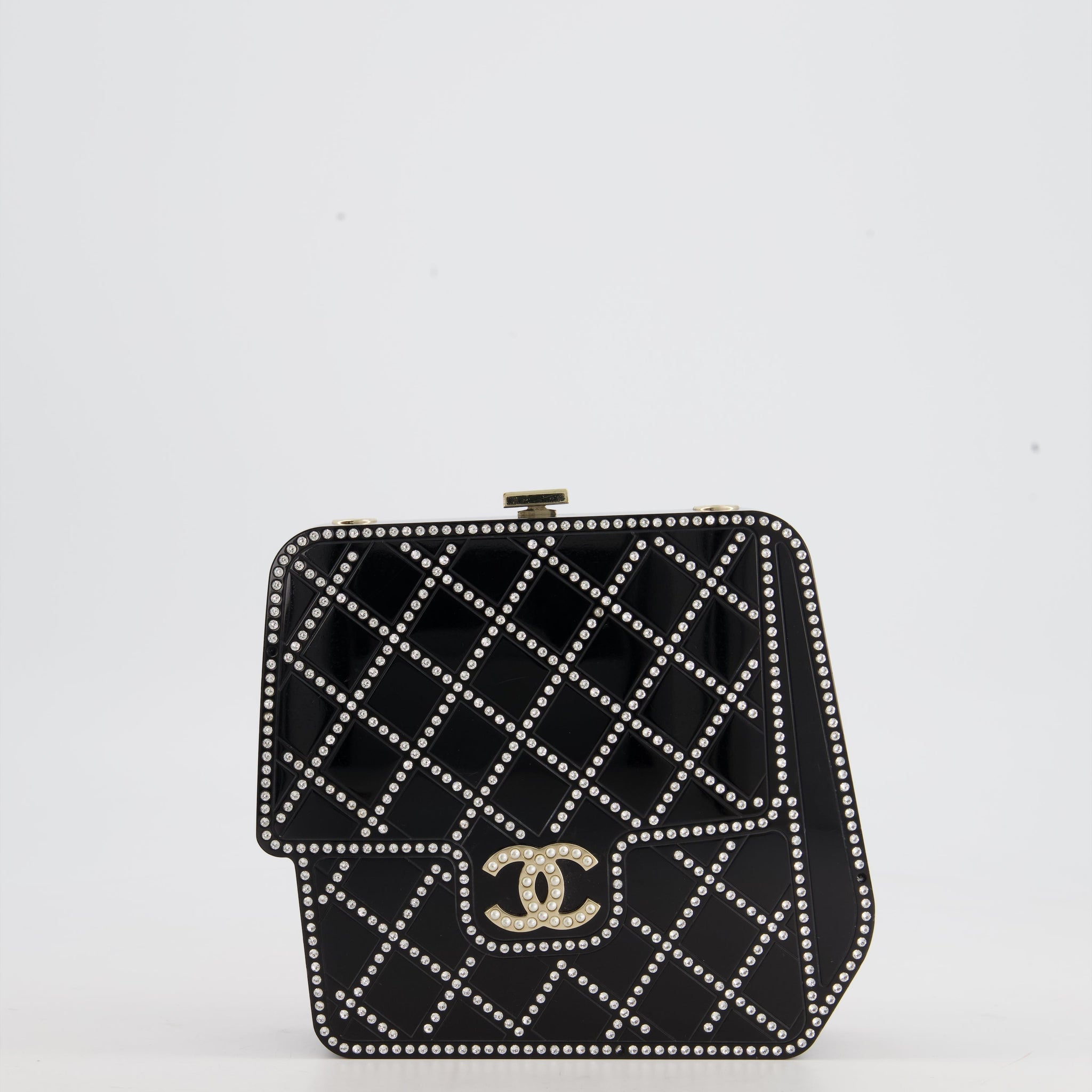 *COLLECTORS ITEM* Chanel Black Acrylic Crossbody Box Bag with Crystal with Pearl Embellishment and Champagne Gold Hardware