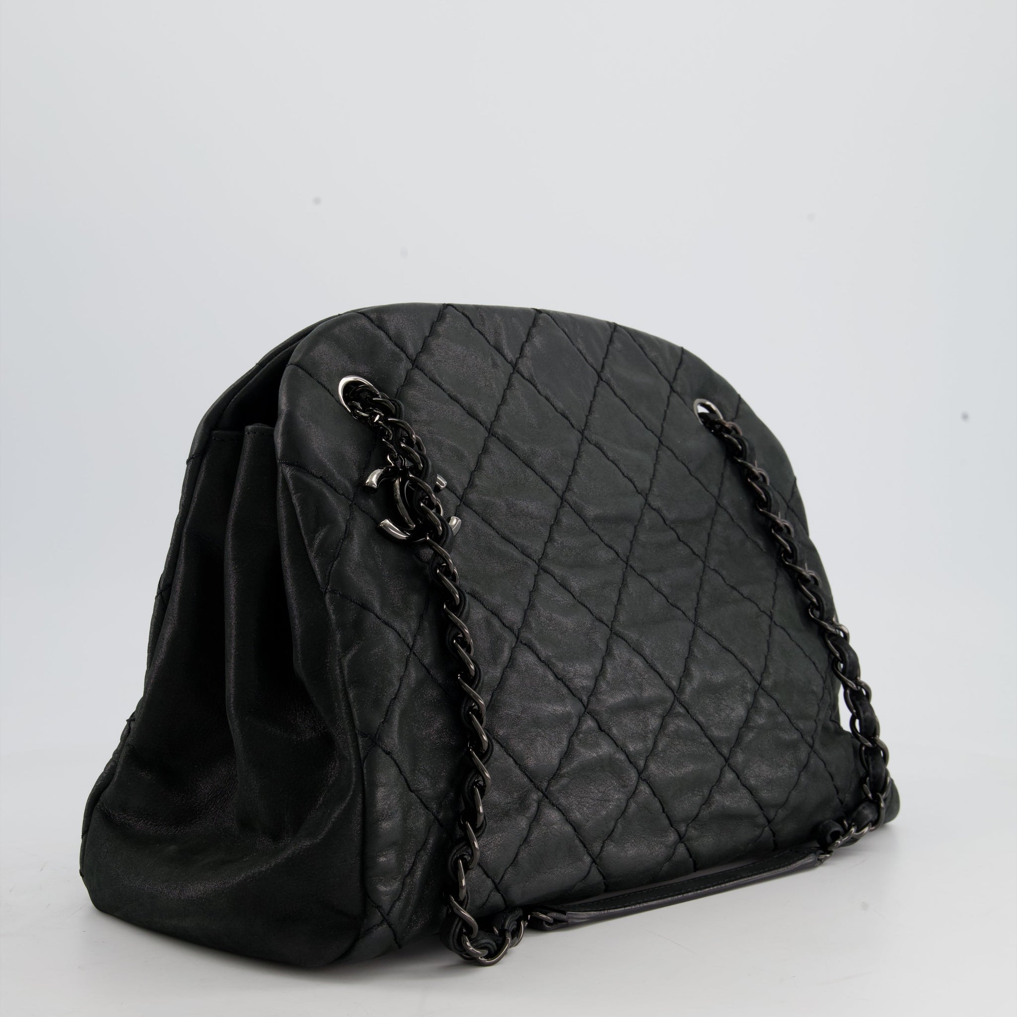 Chanel Charcoal Shimmer Quilted Lambskin CC Shoulder Bag with So Black Hardware