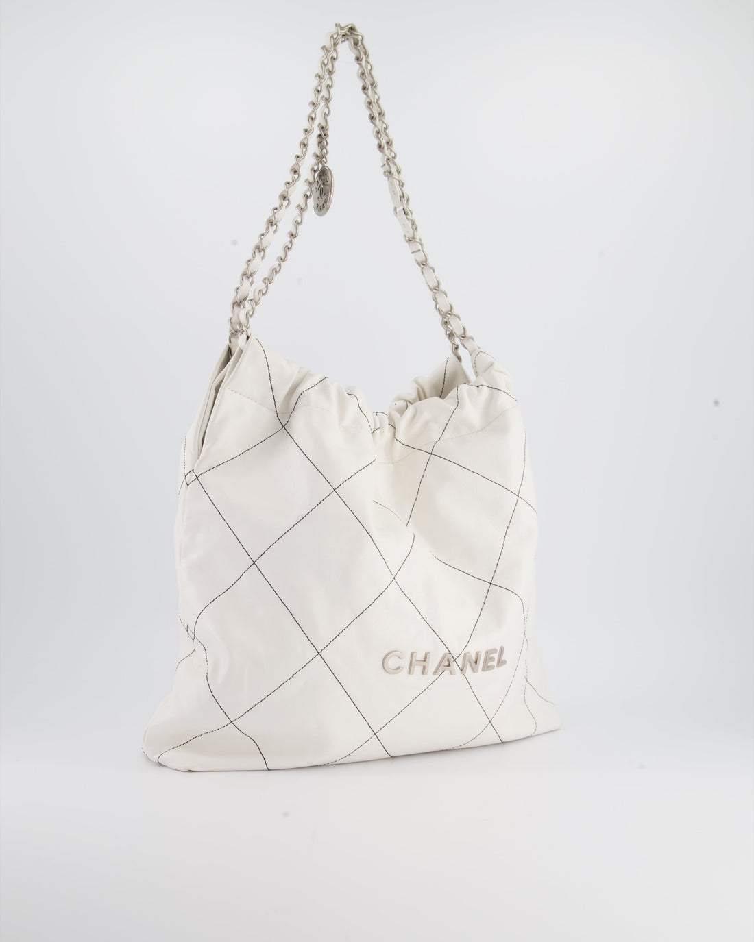 Chanel 22 Bag in White Aged Calfskin with Silver Hardware and Contrast Stitch Detail