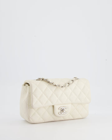 Chanel White Pearlescent Caviar Mini Rectangular Single Flap Bag with Silver Hardware