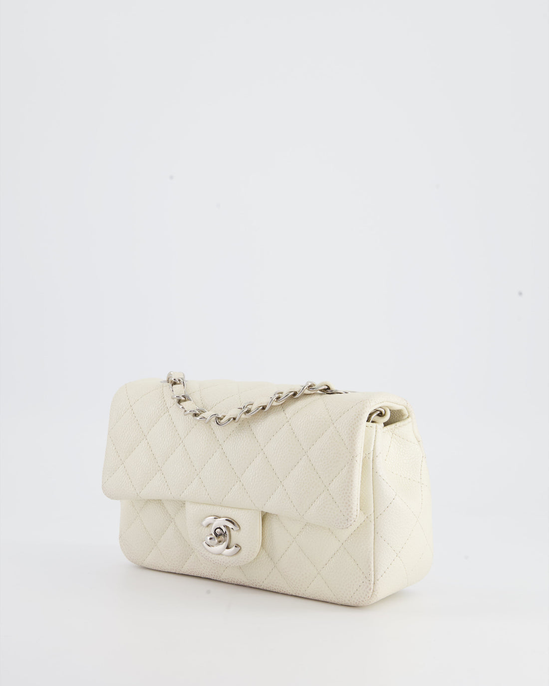 Chanel White Pearlescent Caviar Mini Rectangular Single Flap Bag with Silver Hardware