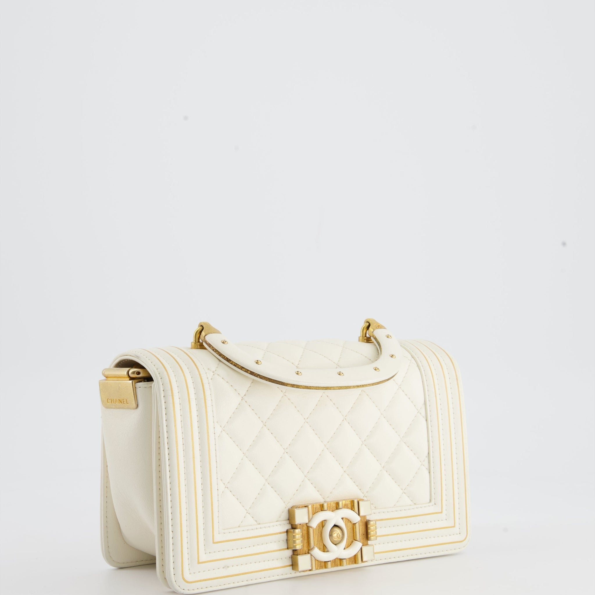 Chanel White and Gold Small Top Handle Boy Bag in Lambskin Leather with Brushed Gold Hardware