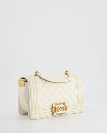 Chanel White and Gold Small Top Handle Boy Bag in Lambskin Leather with Brushed Gold Hardware