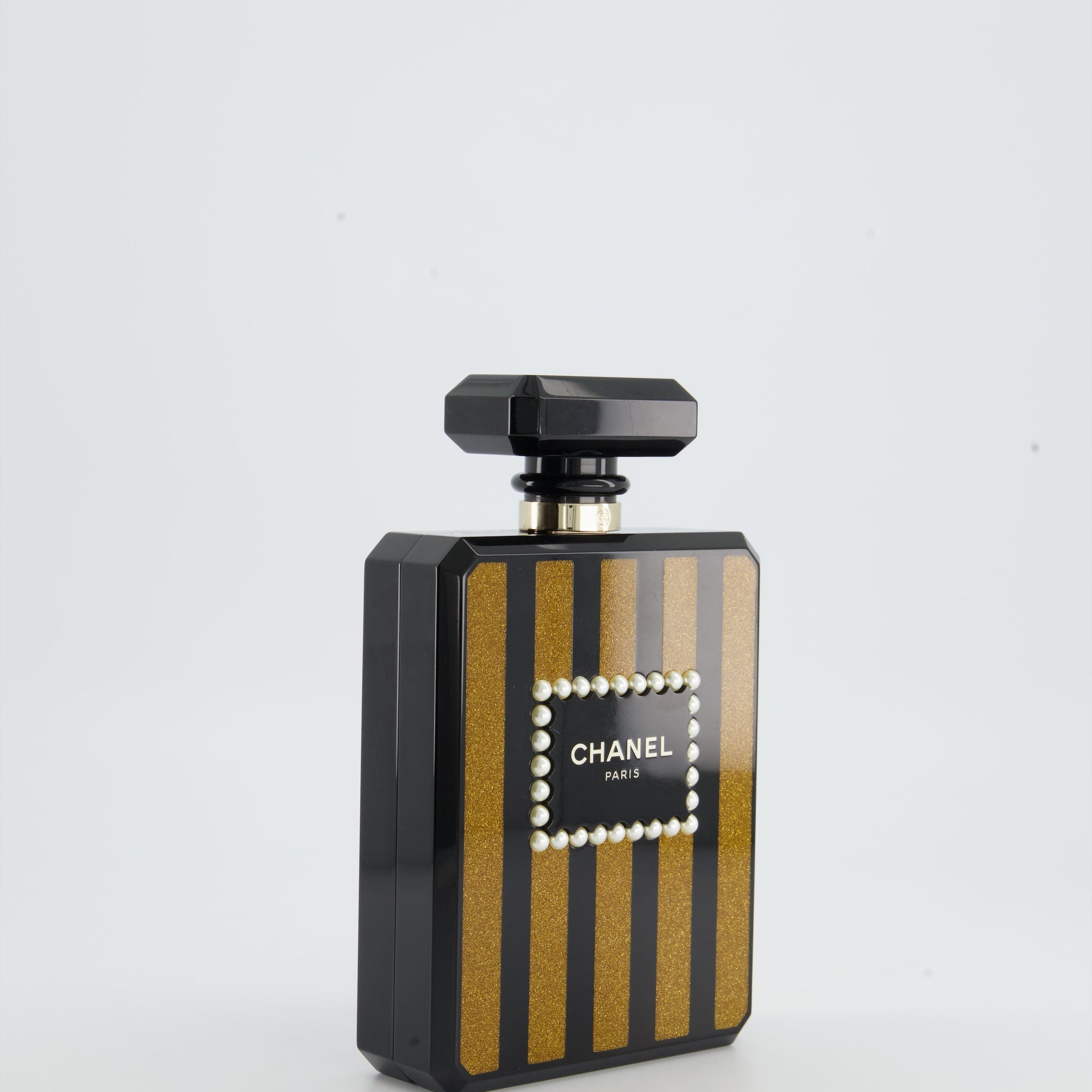 *COLLECTORS* Chanel Black and Glittered Gold Glittered Plexiglass Perfume Bottle with Pearl Detail