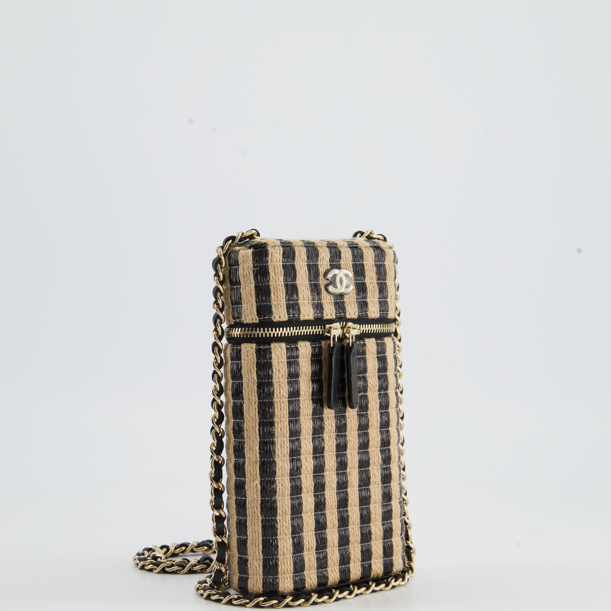 Chanel Raffia Vanity 21P Beige and Black Cross-Body Bag with Champagne Gold Hardware