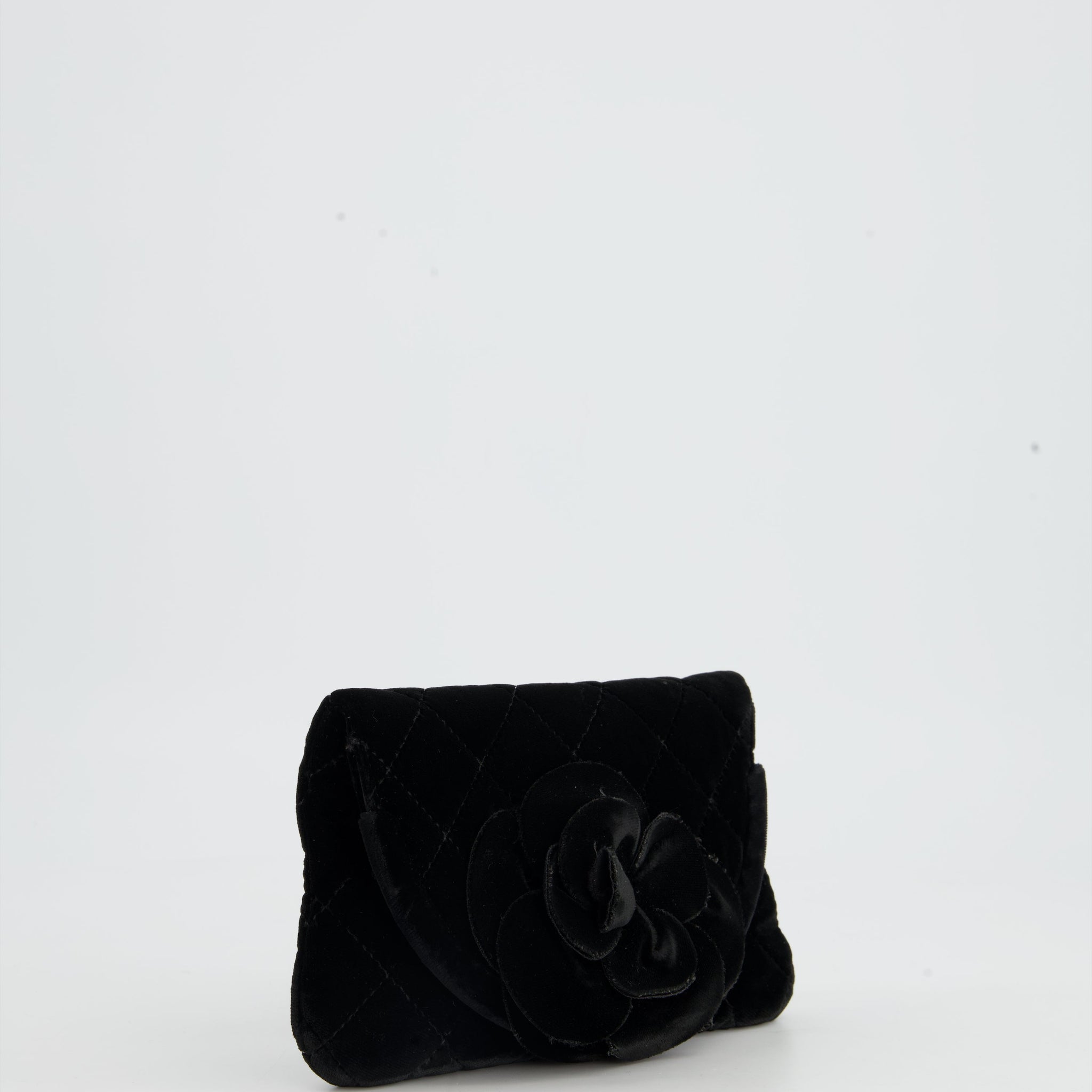 Chanel Black Velvet Diamond Clutch Bag with Camellia Detailing