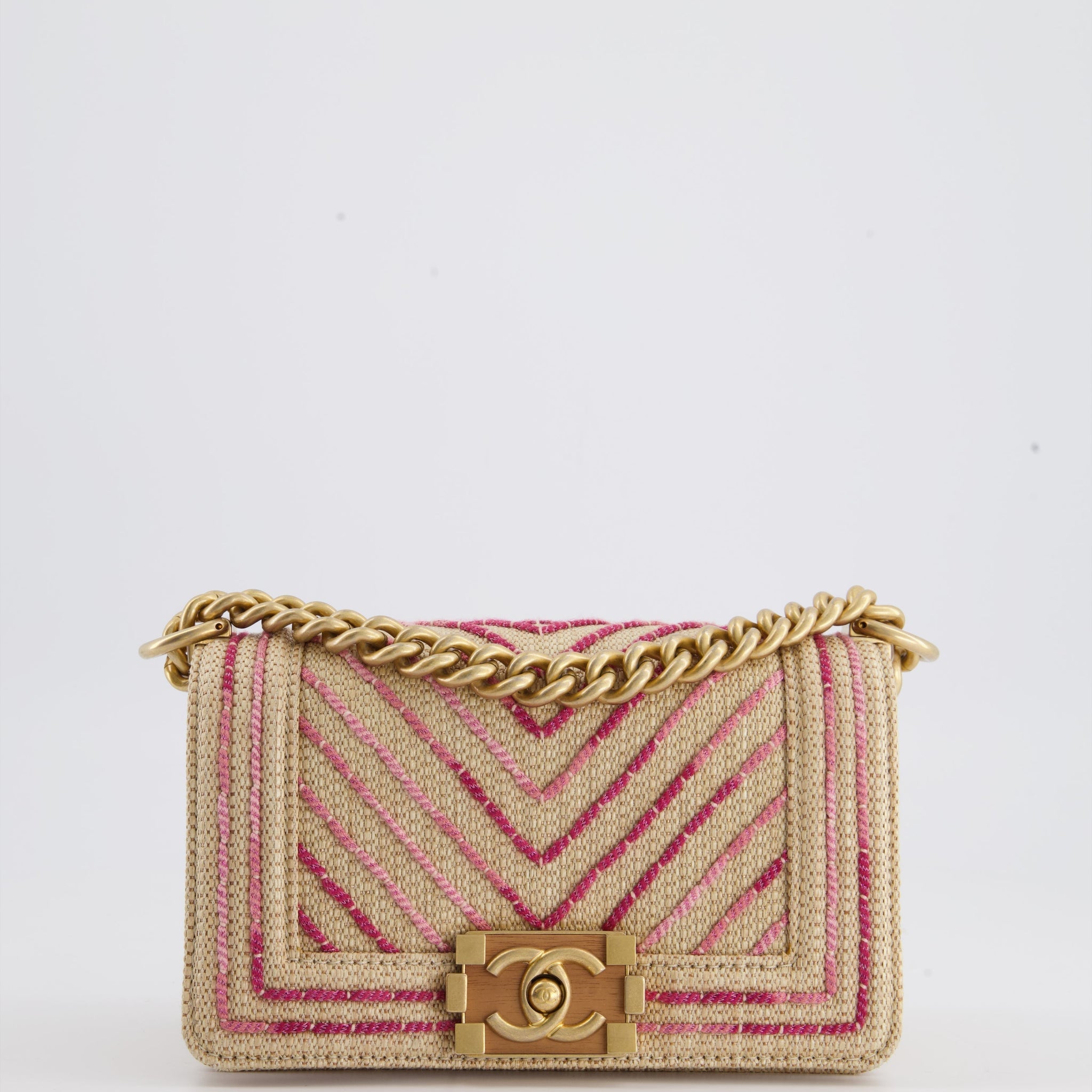Chanel Small Raffia Boy Bag with Metallic Pink Chevron Stitch and Brushed Gold Hardware
