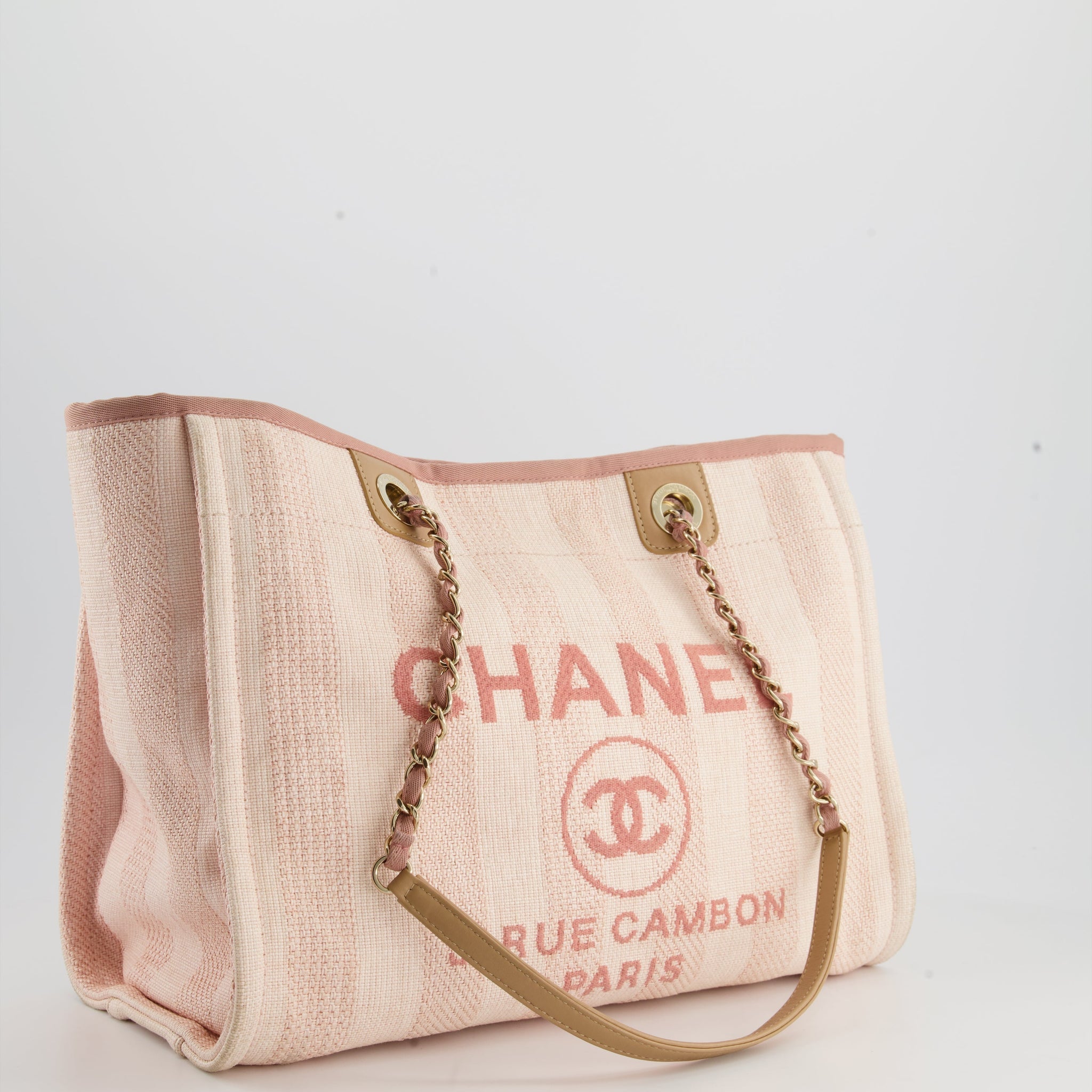 Chanel Small Pink Stripe Canvas Deauville Tote Bag with Logo Print and Champagne Gold Hardware