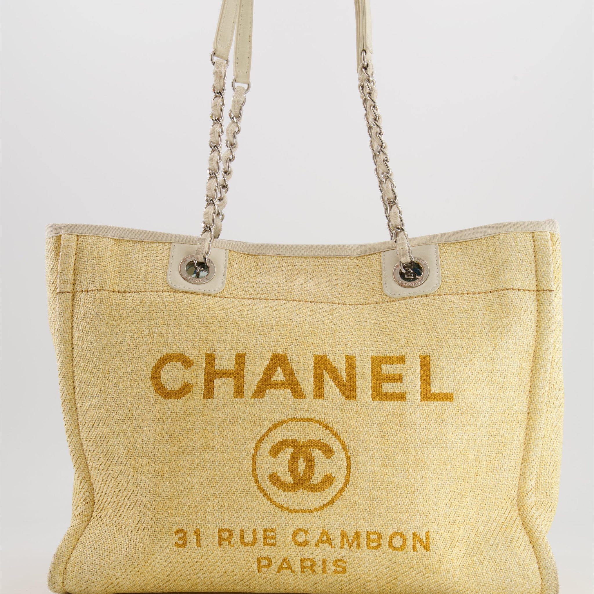 Chanel Yellow Raffia Small Deauville Tote Bag with Silver Hardware