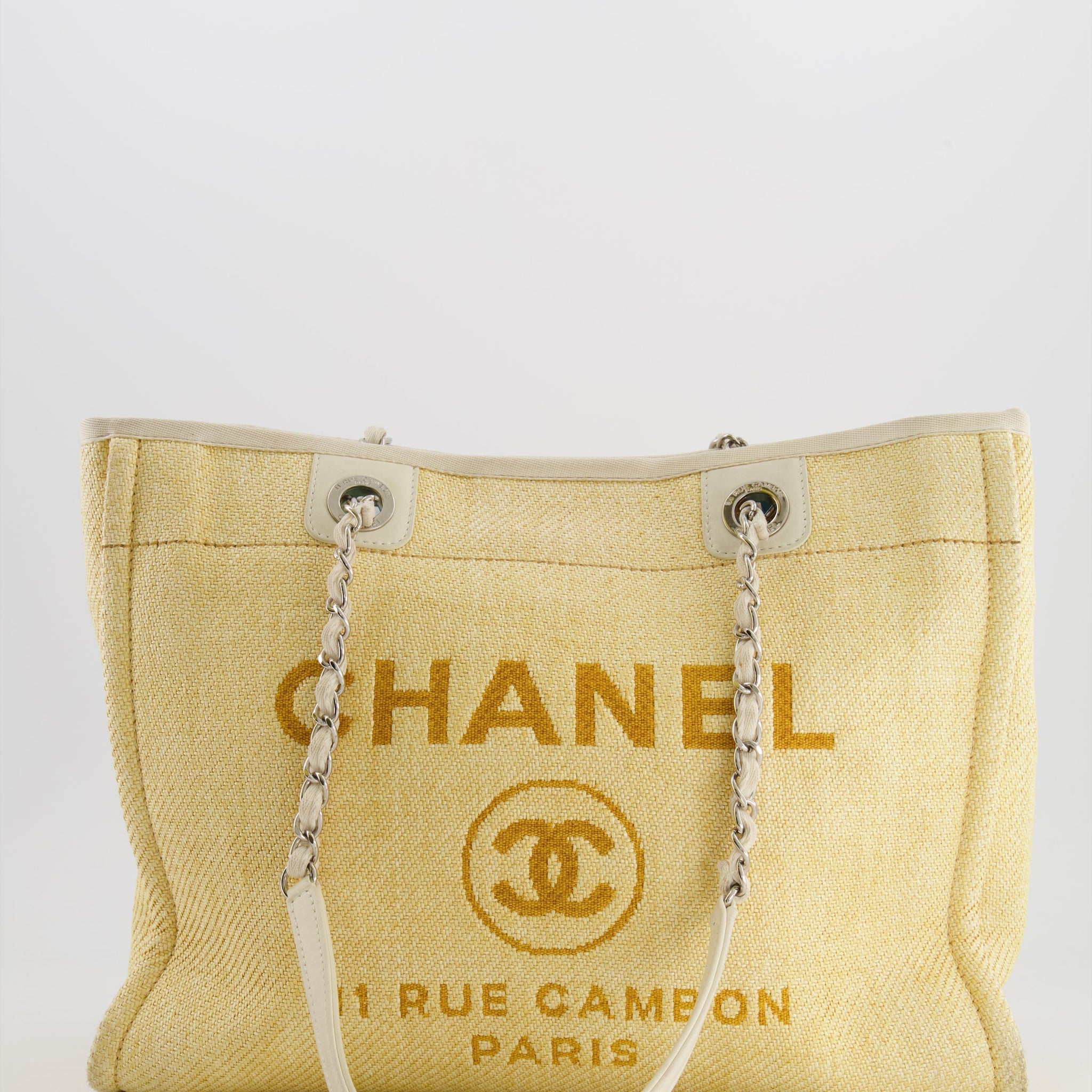 Chanel Yellow Raffia Small Deauville Tote Bag with Silver Hardware