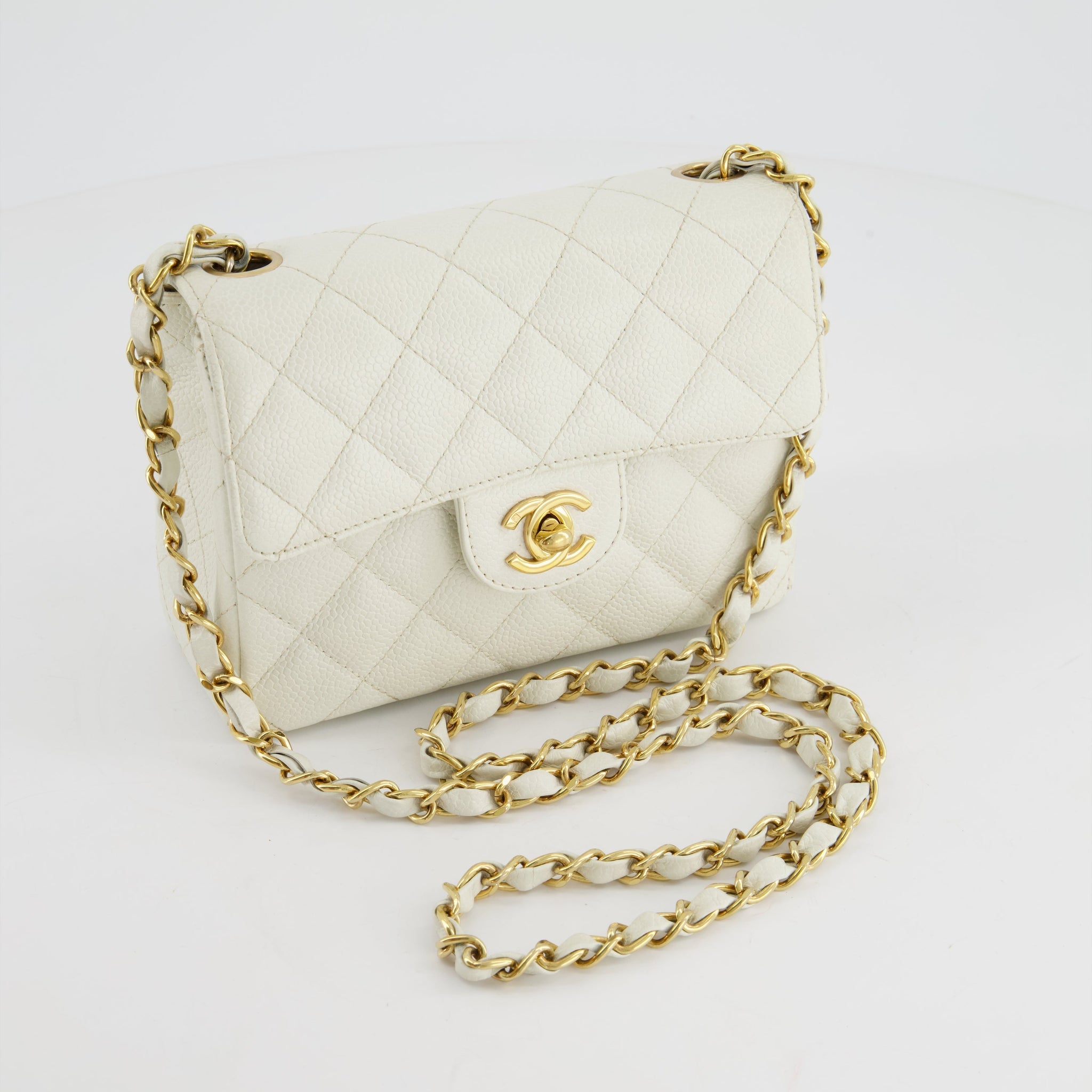 Chanel Vintage White Caviar Mini Square Flap Bag with 24K Gold Hardware