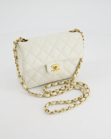 Chanel Vintage White Caviar Mini Square Flap Bag with 24K Gold Hardware