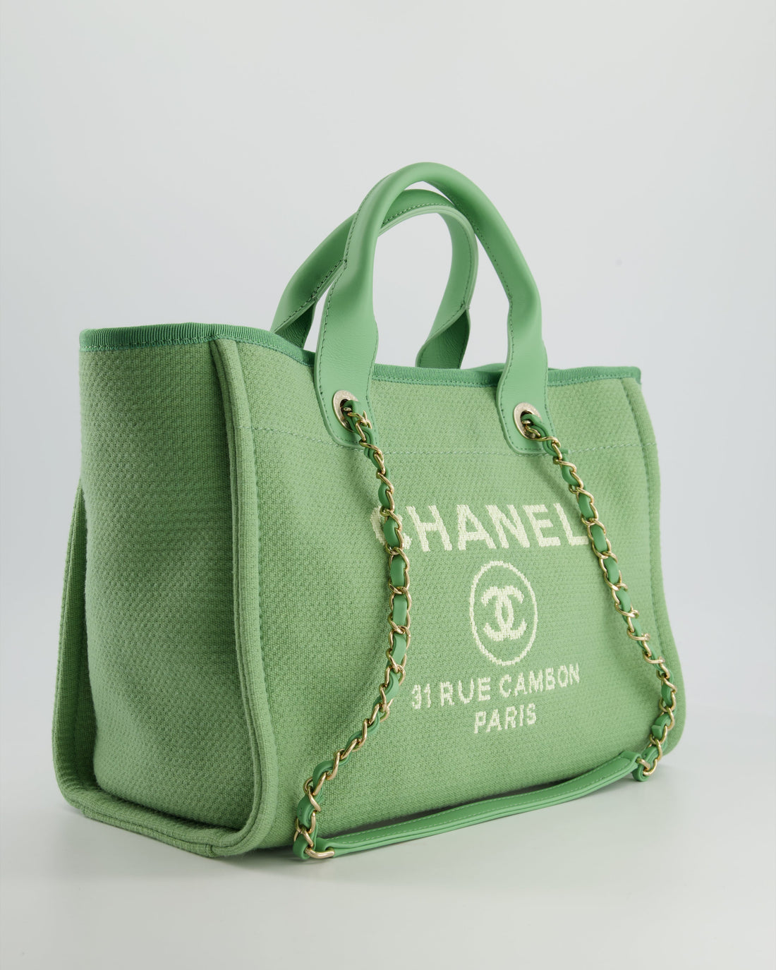 Chanel Pistachio Green Canvas Small Deauville Tote Bag with Champagne Gold Hardware