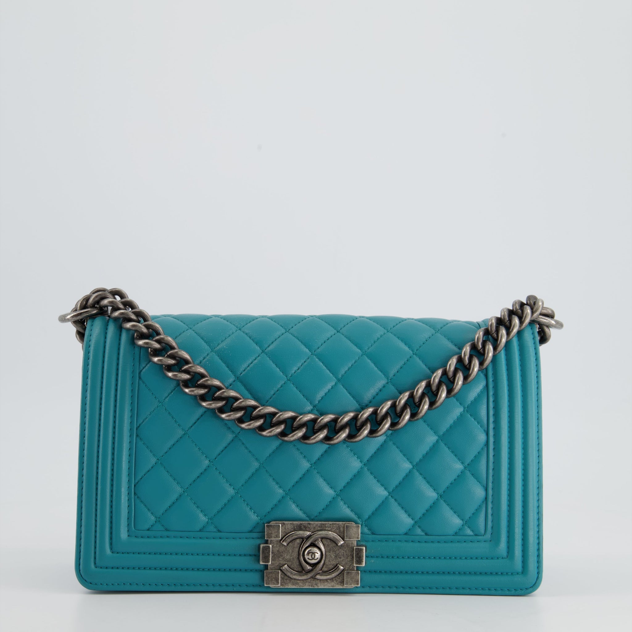 *FIR PRICE* Chanel Teal Blue Medium Boy Bag in Lambskin Leather with Ruthenium Hardware