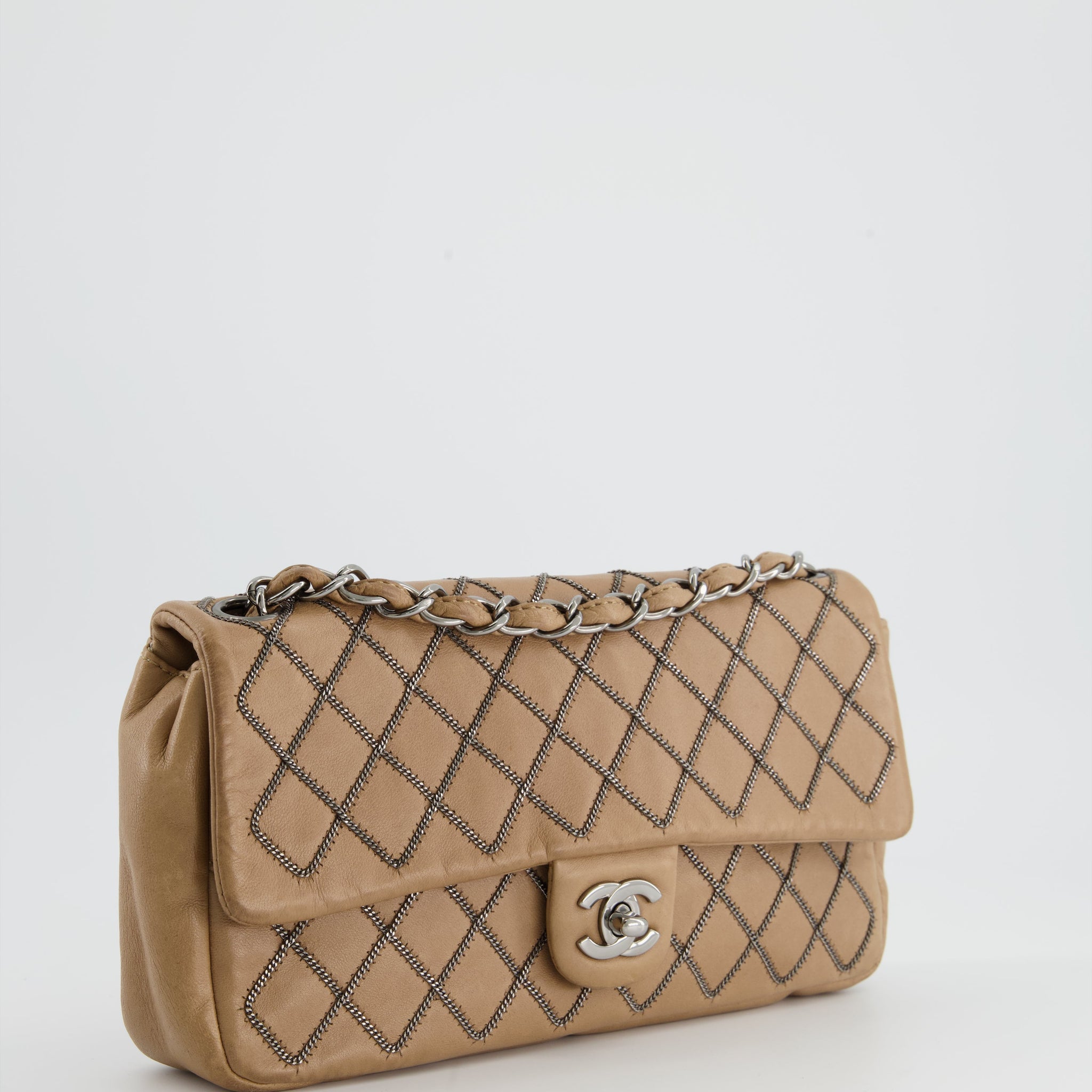 Chanel Beige East West Single Flap Bag in Lambskin Leather with Silver Quilted Chain Detail