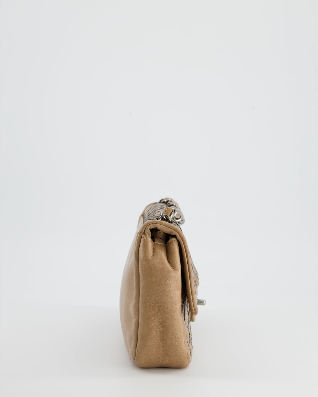 Chanel Beige East West Single Flap Bag in Lambskin Leather with Silver Quilted Chain Detail