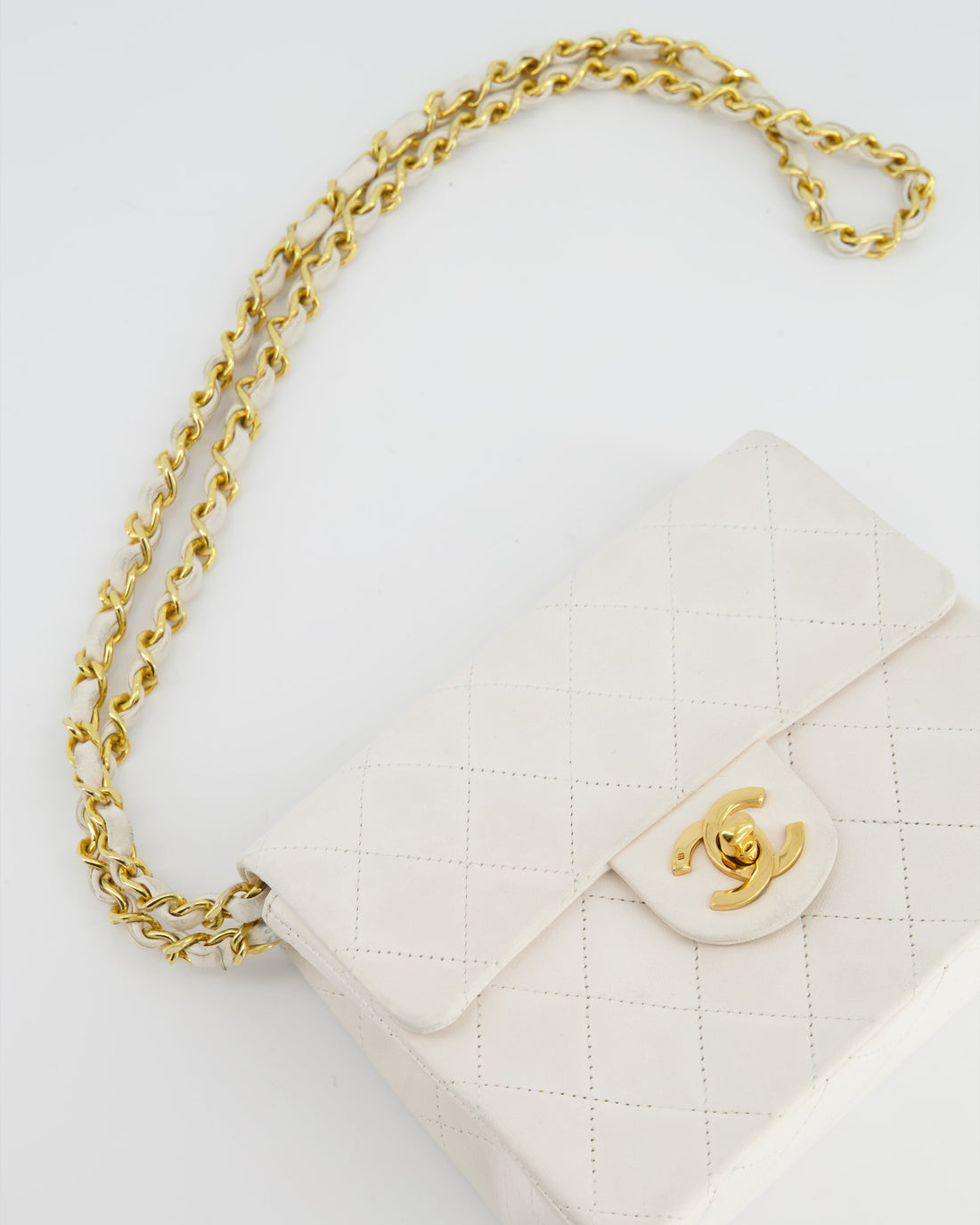 Chanel Vintage White Mini Square Bag in Lambskin Leather with 24K Gold Hardware