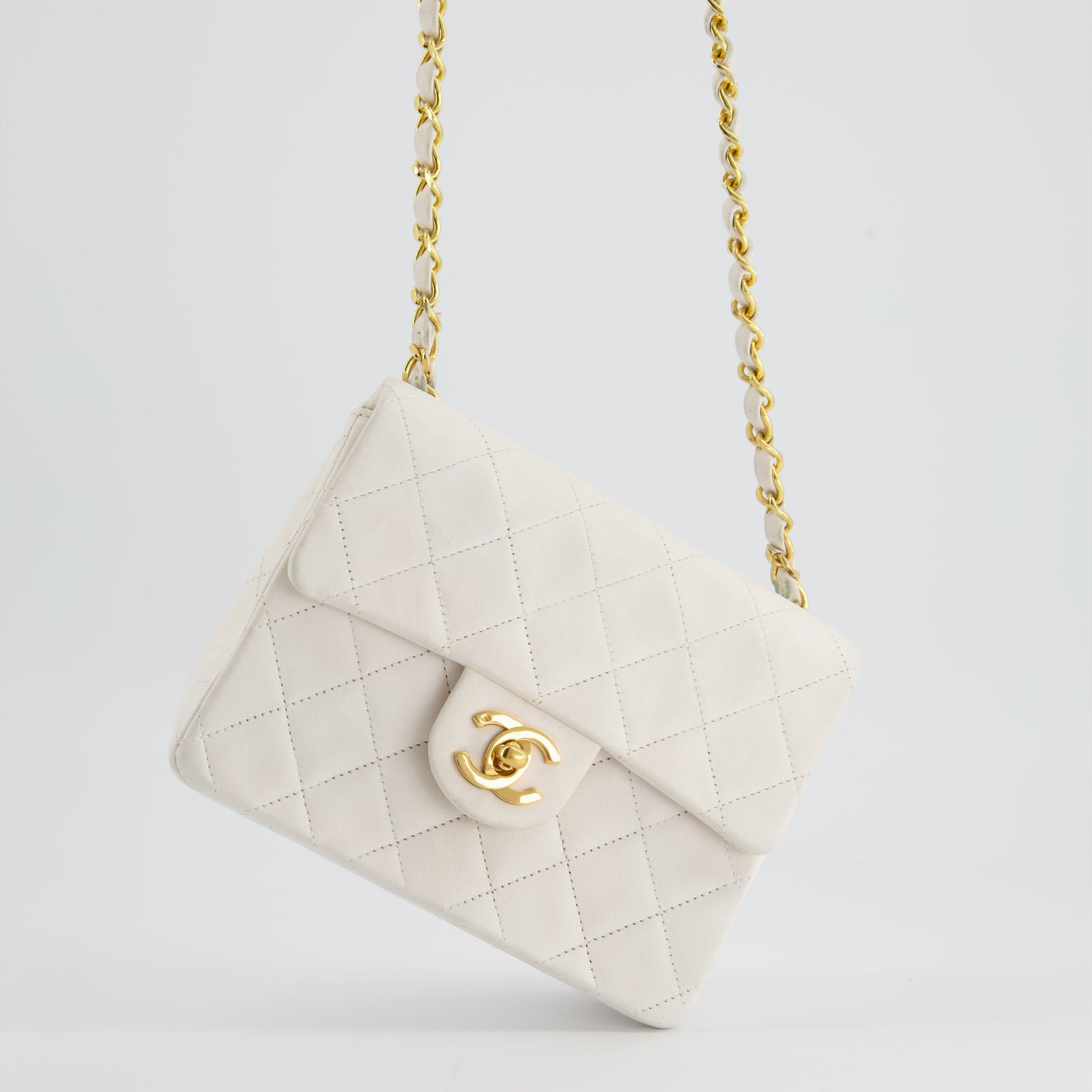 Chanel Vintage White Mini Square Bag in Lambskin Leather with 24K Gold Hardware