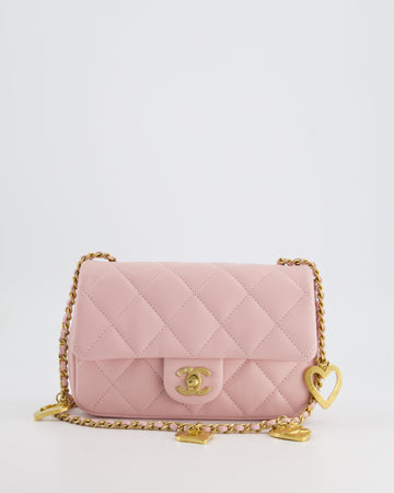 Chanel Pink 22B Mini Flap Bag in Lambskin Leather with Gold Hardware and Hearts Chain Detail
