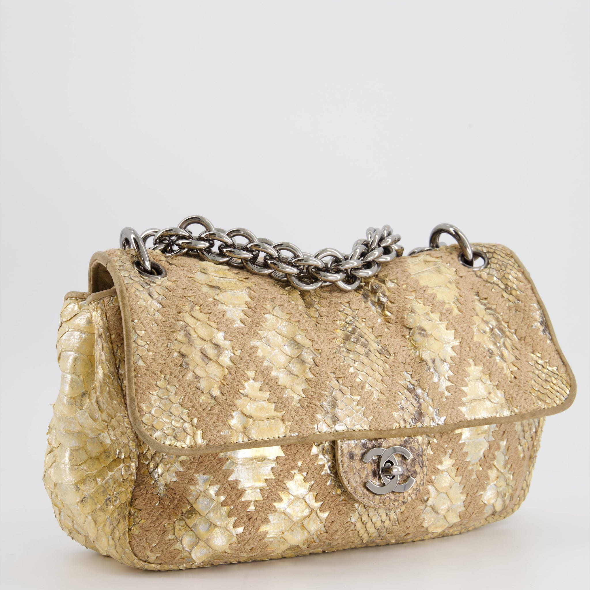 Chanel Beige and Gold Python and Crochet Flap Shoulder Bag with Ruthenium Hardware and Large Chain Strap