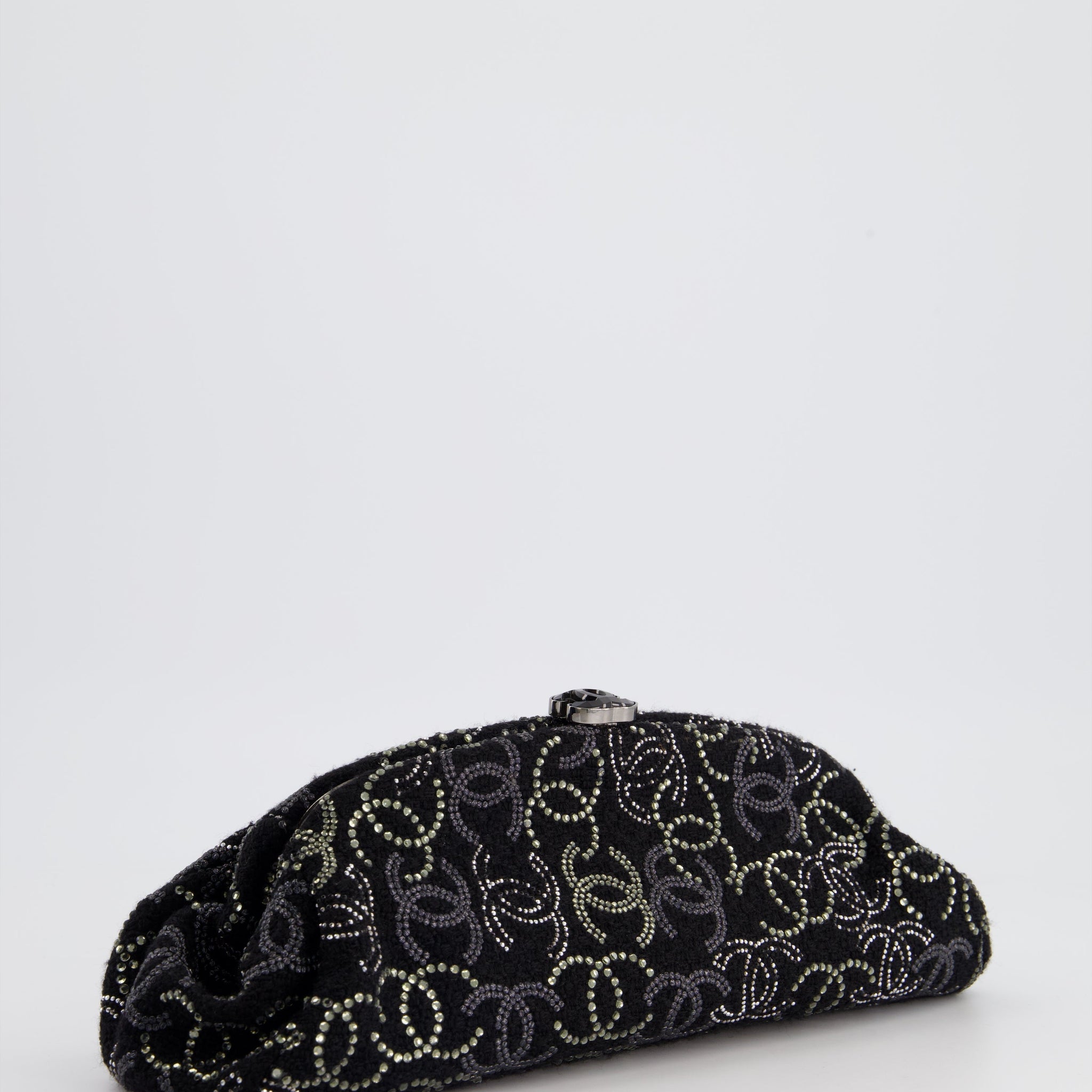 Chanel Black Timeless Clutch Bag in Fabric with Gunmetal Hardware and Crystal Logo Details