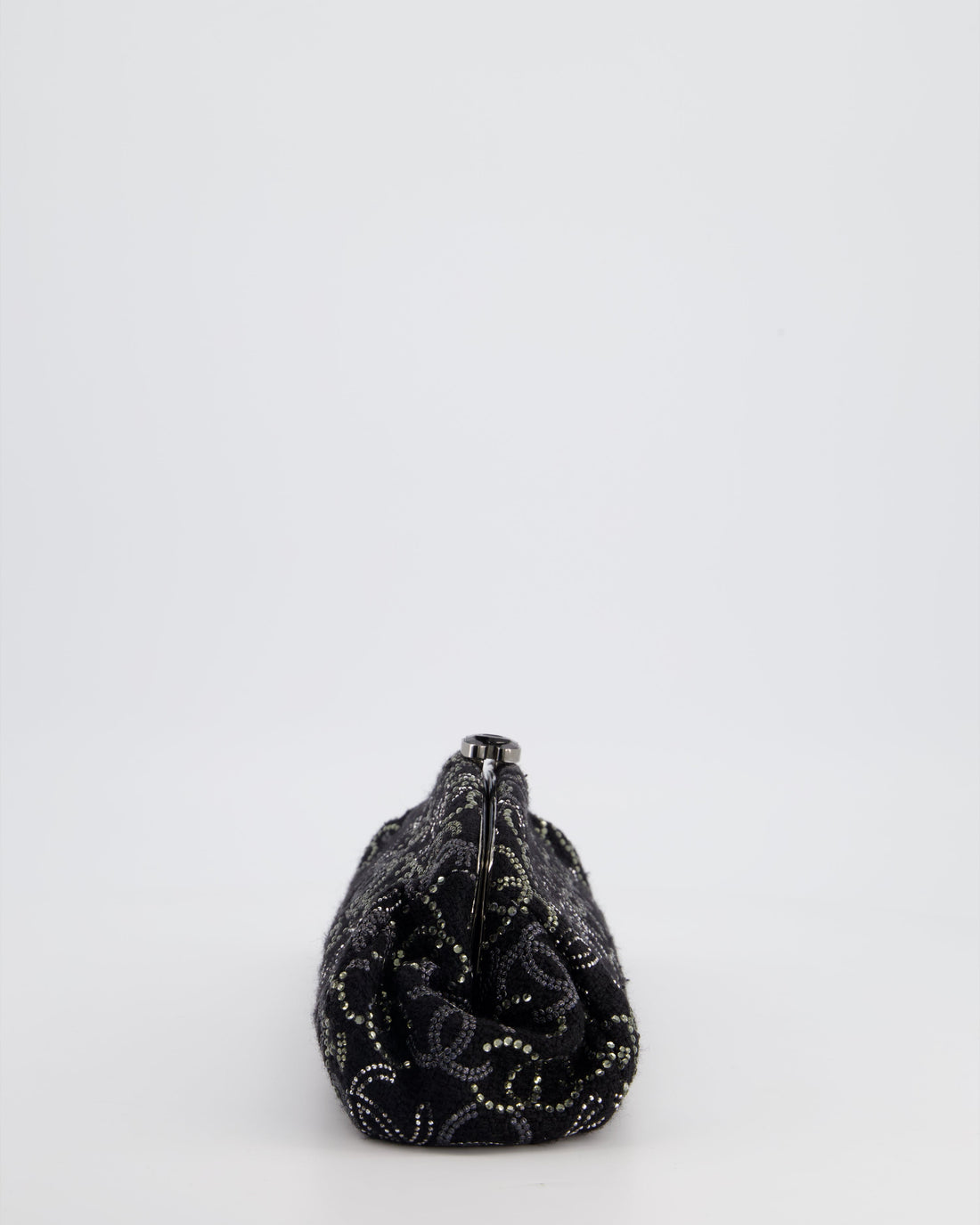 Chanel Black Timeless Clutch Bag in Fabric with Gunmetal Hardware and Crystal Logo Details