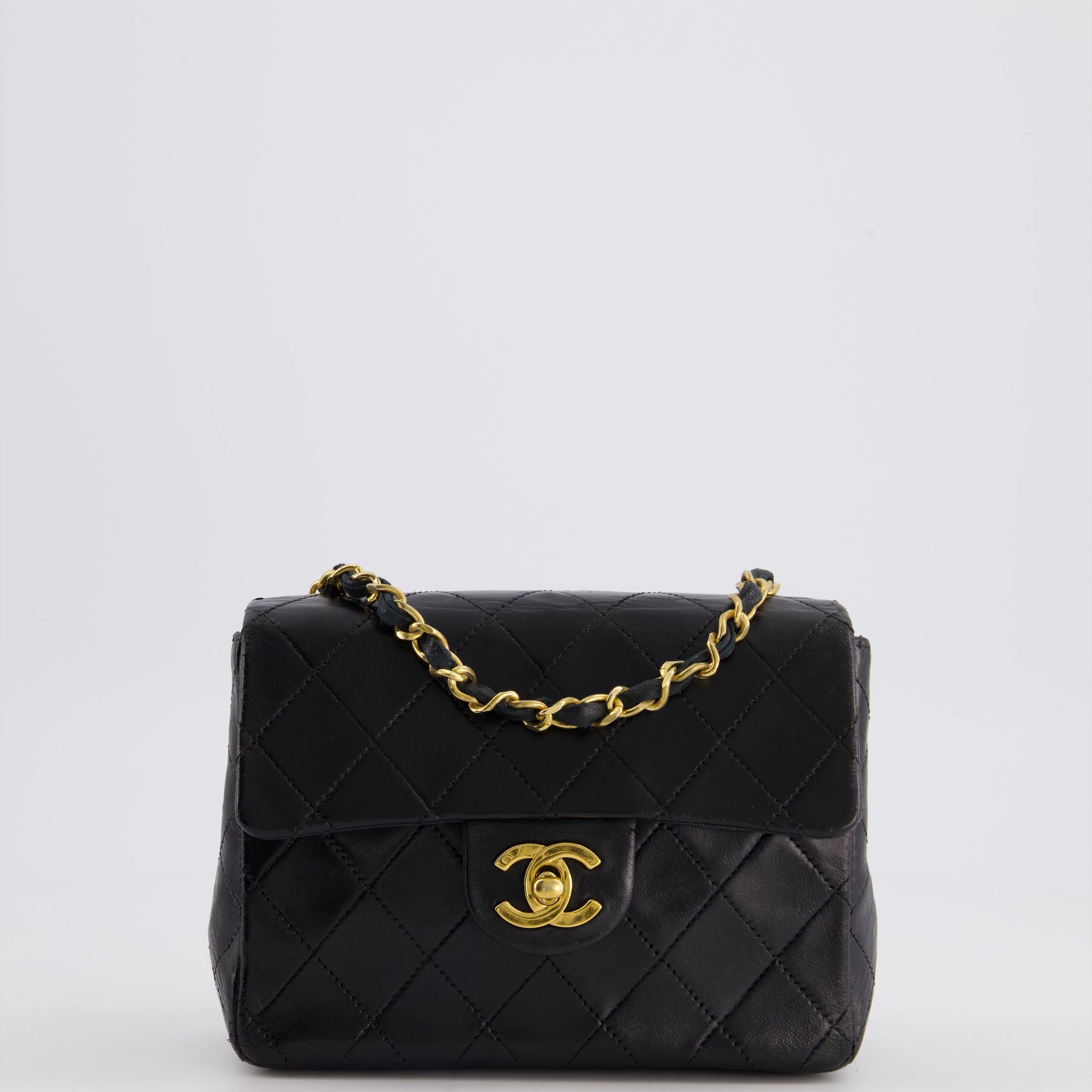 Chanel Vintage Black Mini Square Bag in Lambskin Leather with 24k Gold Hardware