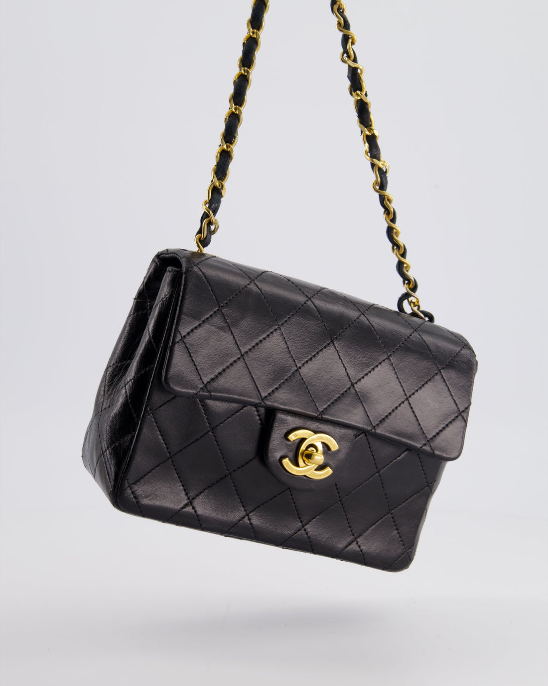 Chanel Vintage Black Mini Square Bag in Lambskin Leather with 24k Gold Hardware