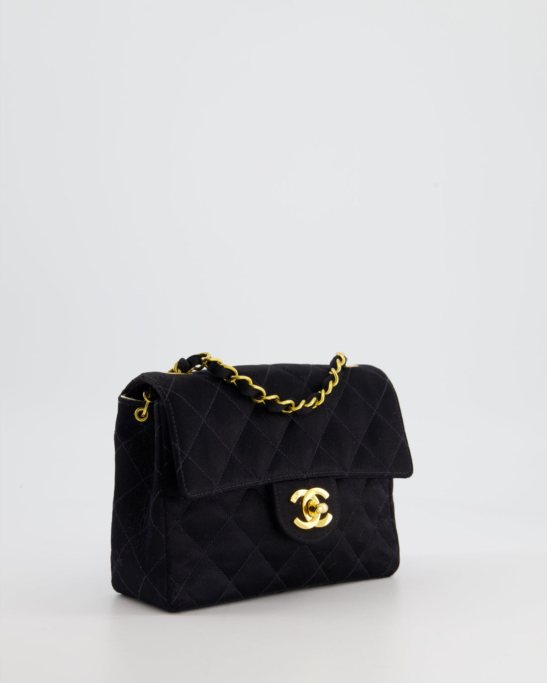Chanel Vintage Satin Black Mini Square Flap Bag with 24K Gold Hardware