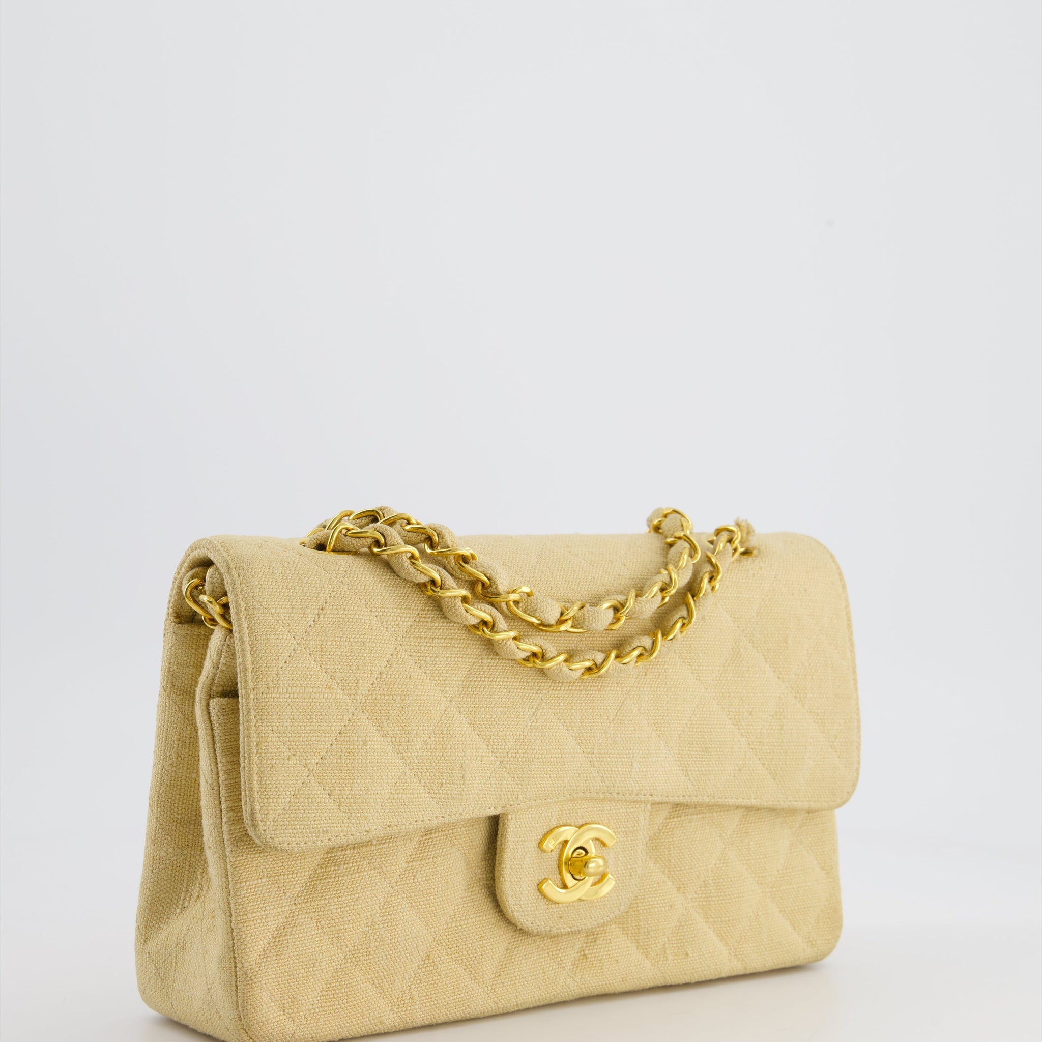 VINTAGE* Chanel Beige Small Fabric Double Flap Bag with 24K Gold Hardware