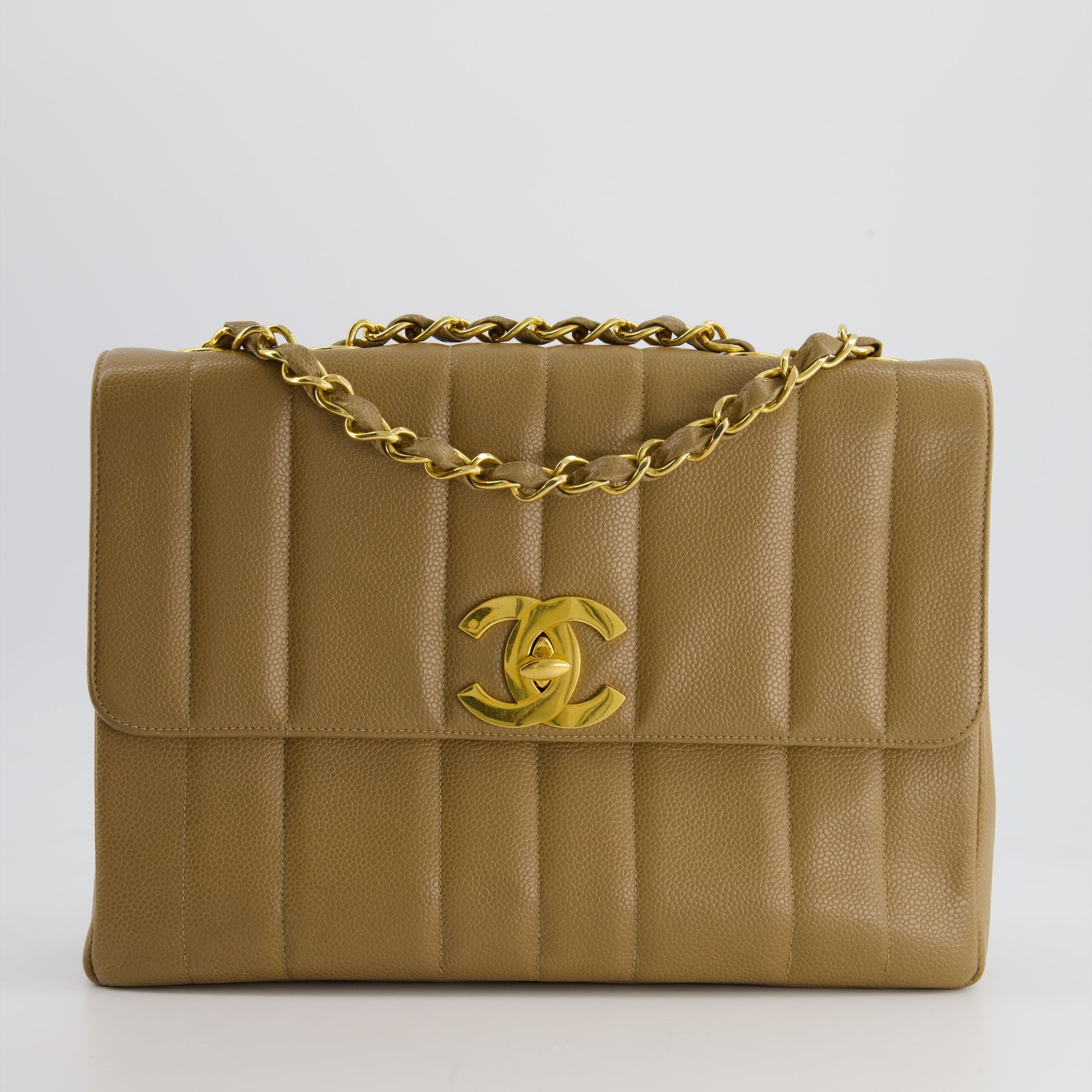 VINTAGE* Chanel Caramel Jumbo Mademoiselle Caviar Flap Bag with Vertical Stitch Detail & 24K Gold Hardware