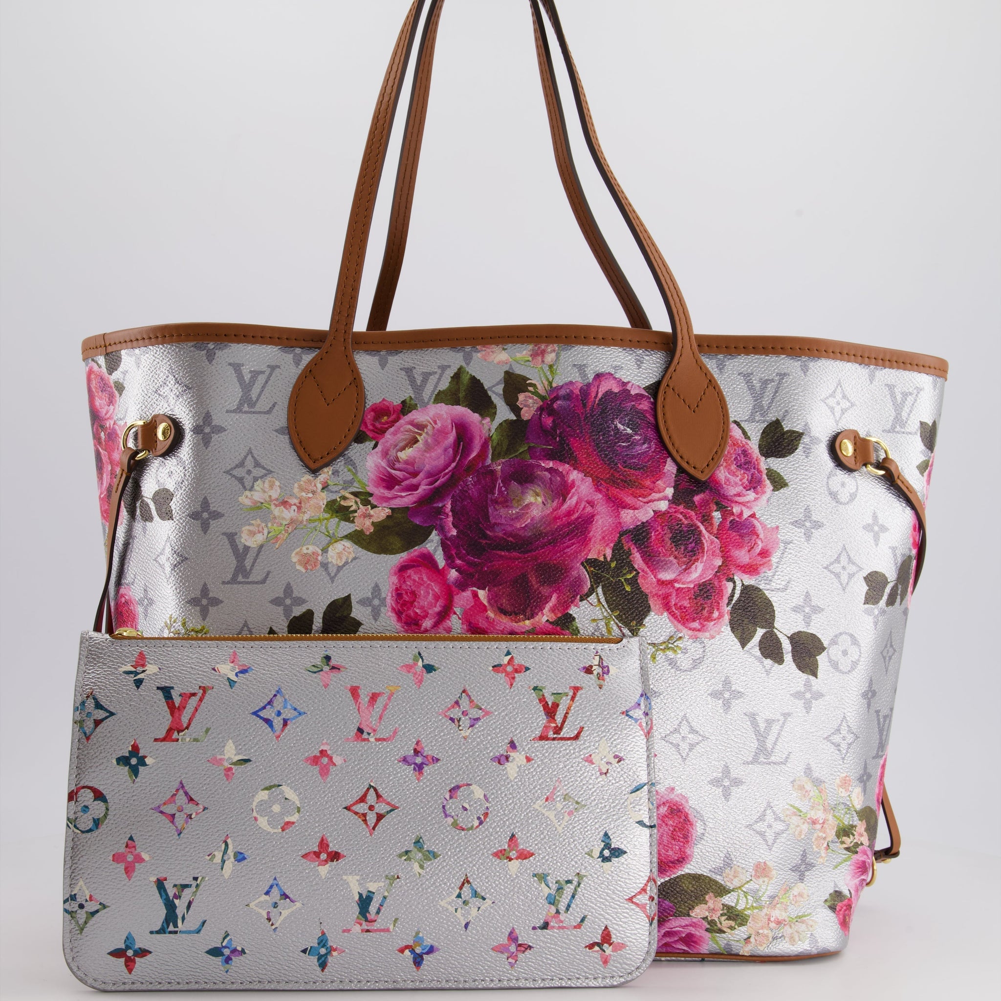 *LIMITED EDITION* Louis Vuitton Garden Capsule 2022 Neverfull MM Bag in Silver and Pink Floral Monogram Canvas with Brown Leather and Gold Hardware