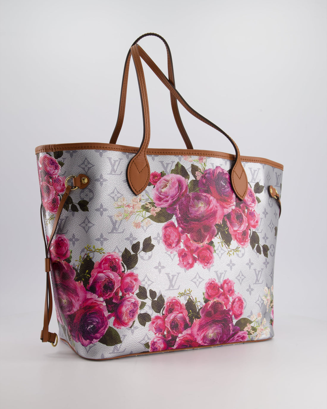 *LIMITED EDITION* Louis Vuitton Garden Capsule 2022 Neverfull MM Bag in Silver and Pink Floral Monogram Canvas with Brown Leather and Gold Hardware