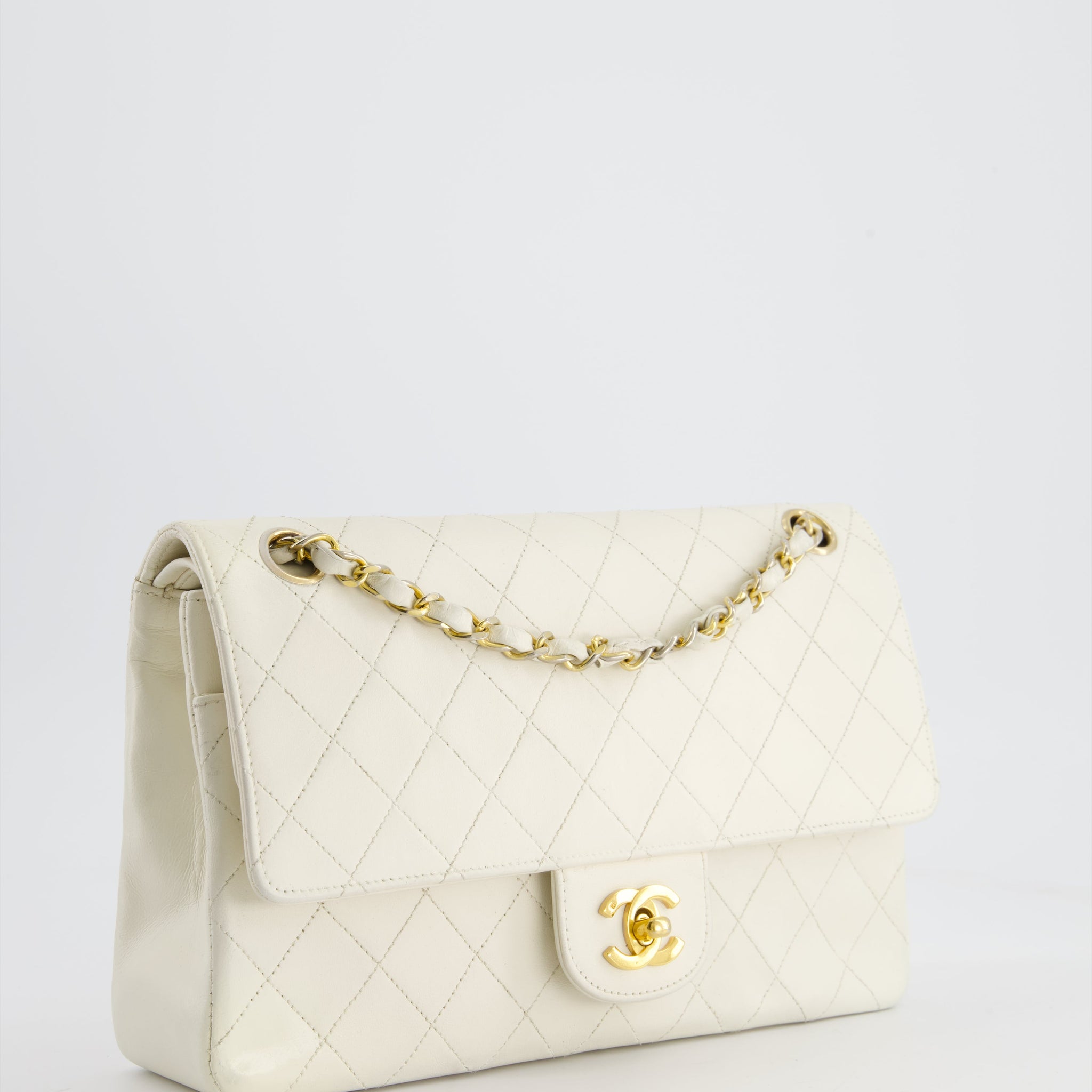 Chanel Vintage White Stitched Edge Classic Double Flap Bag with 24K Gold Hardware