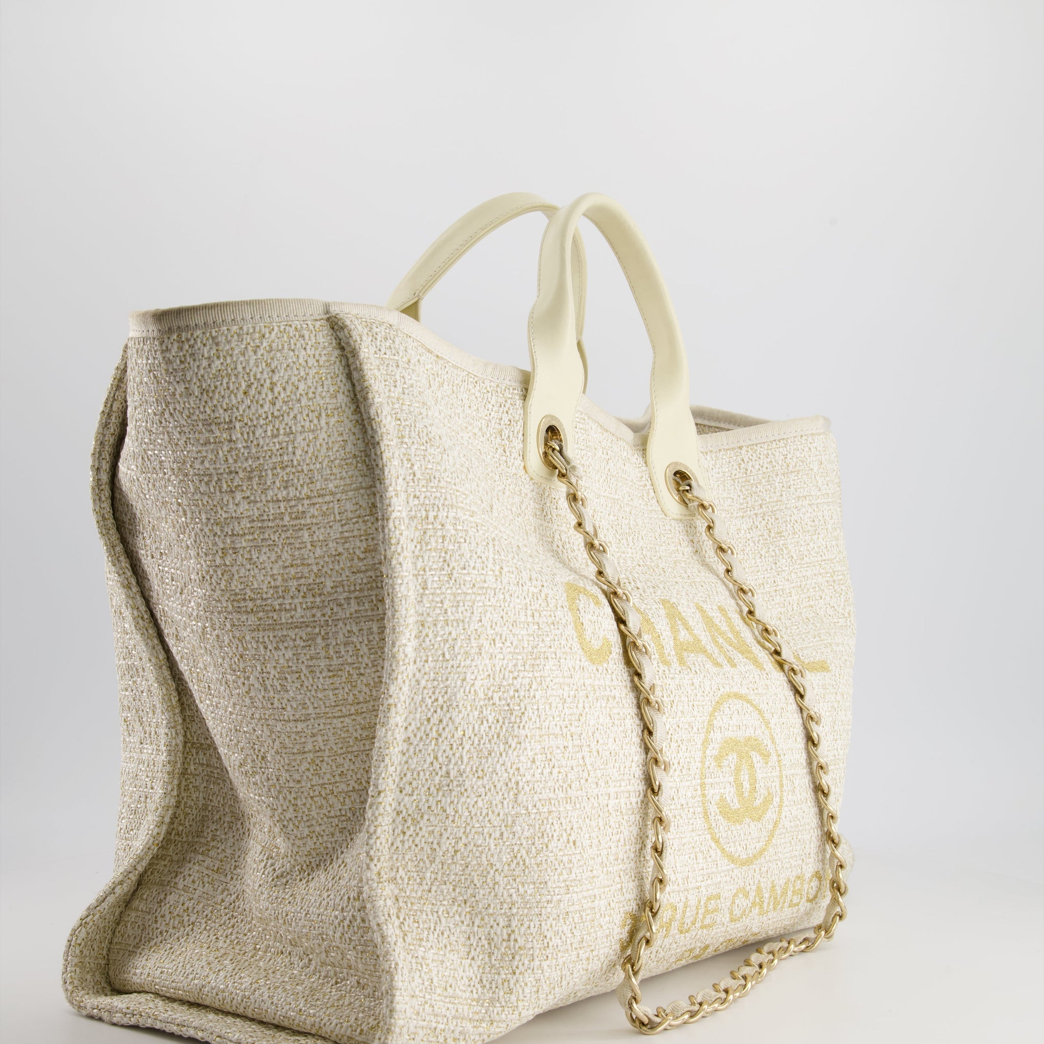 Chanel Cream Tweed Large Deauville Tote Bag with Gold Fabric Detail & Champagne Gold Hardware