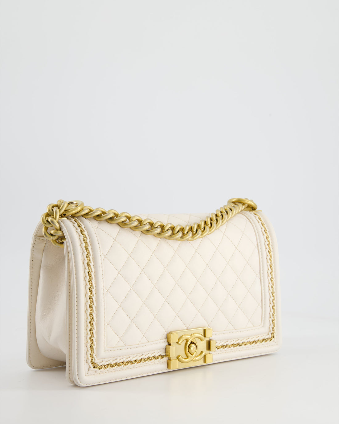 Chanel 17P White Medium Boy Bag in Lambskin Leather with Brushed Gold Hardware and Gold Chain Detail