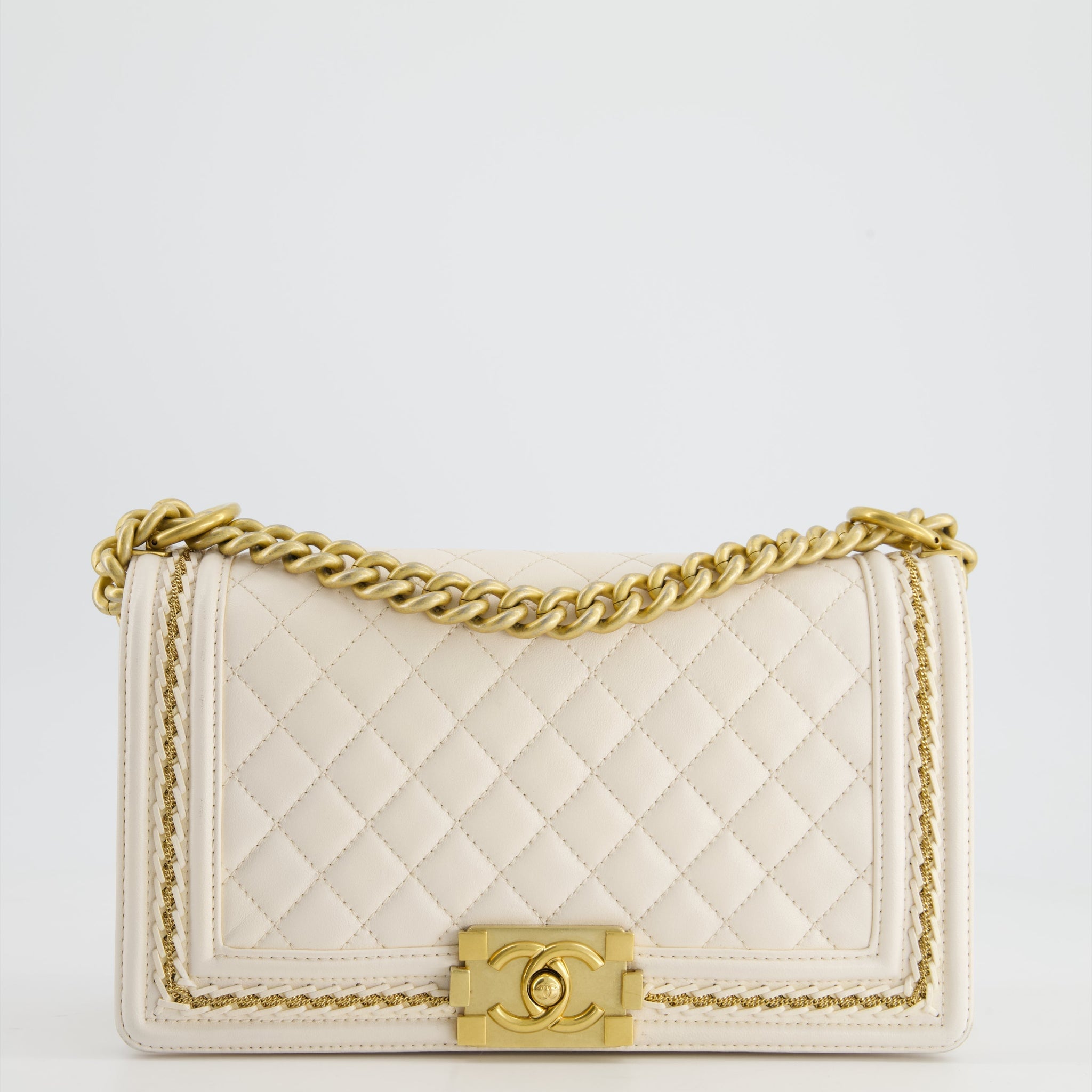 Chanel 17P White Medium Boy Bag in Lambskin Leather with Brushed Gold Hardware and Gold Chain Detail
