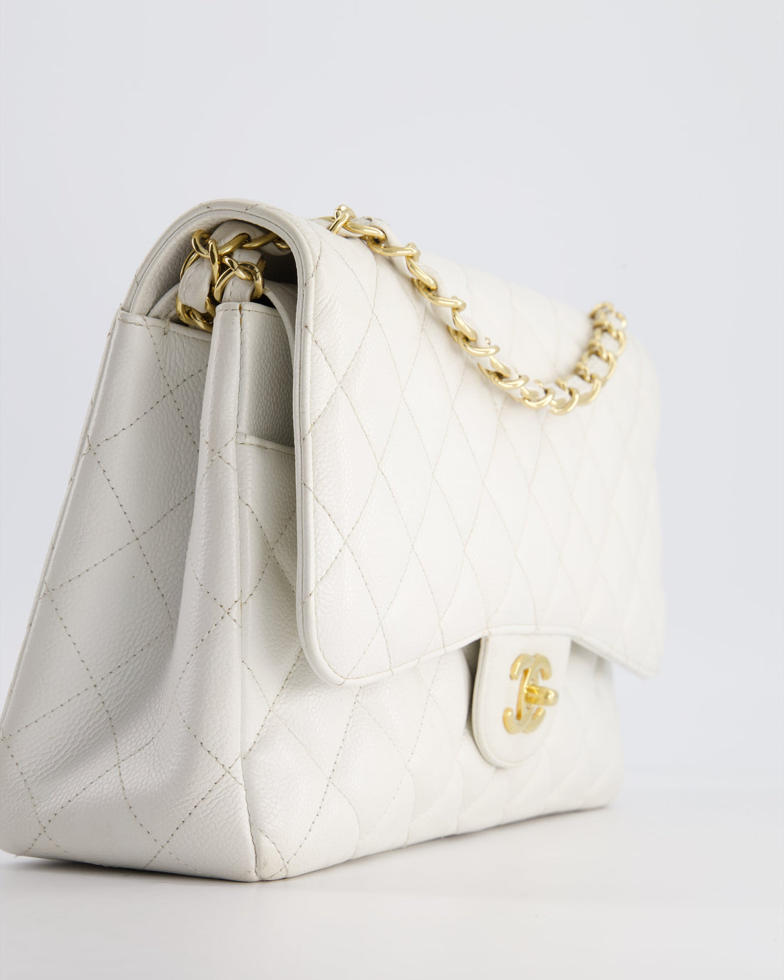 Chanel White Caviar Jumbo Classic Double Flap Bag with Gold Hardware