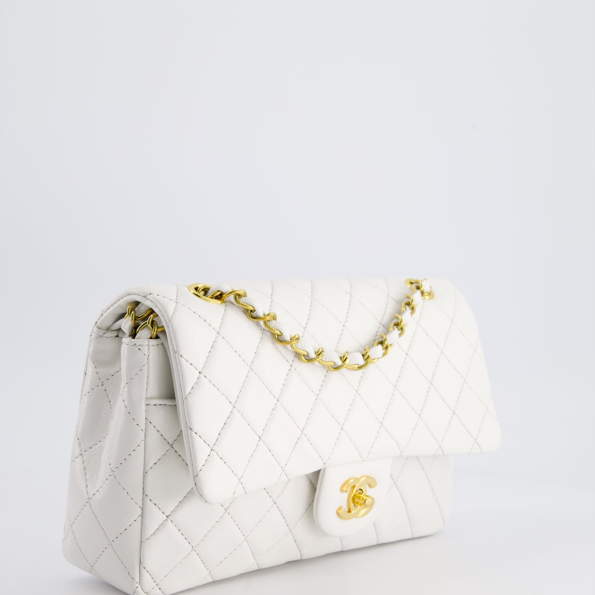 Chanel White Vintage Classic Double Flap Bag in Lambskin Leather with 24K Gold Hardware
