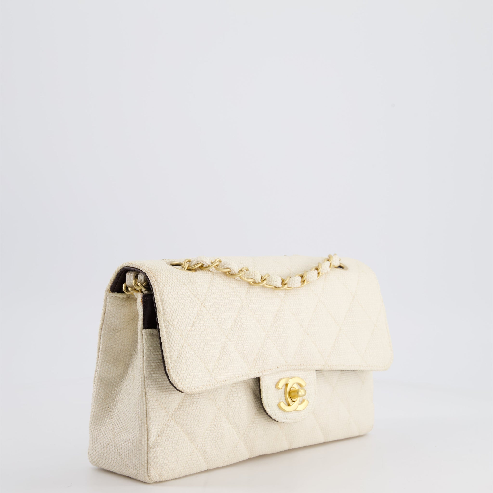 Chanel Vintage Beige Raffia Small Classic Double Flap Bag with Chocolate Brown Lambskin Interior and Brushed Gold Hardware