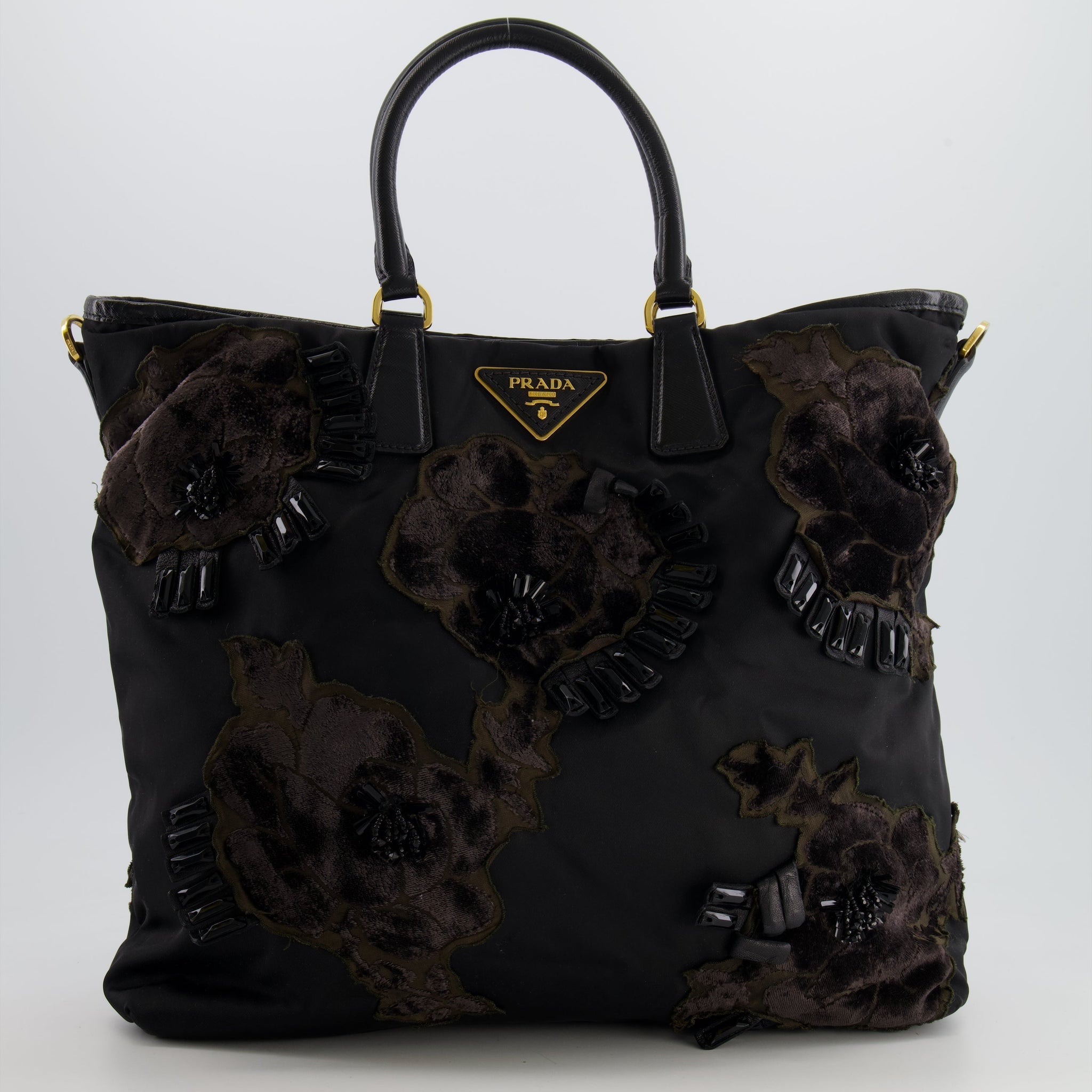 Prada Black Nylon Tote Bag with Gold Hardware, Velvet and Crystal Embroideries