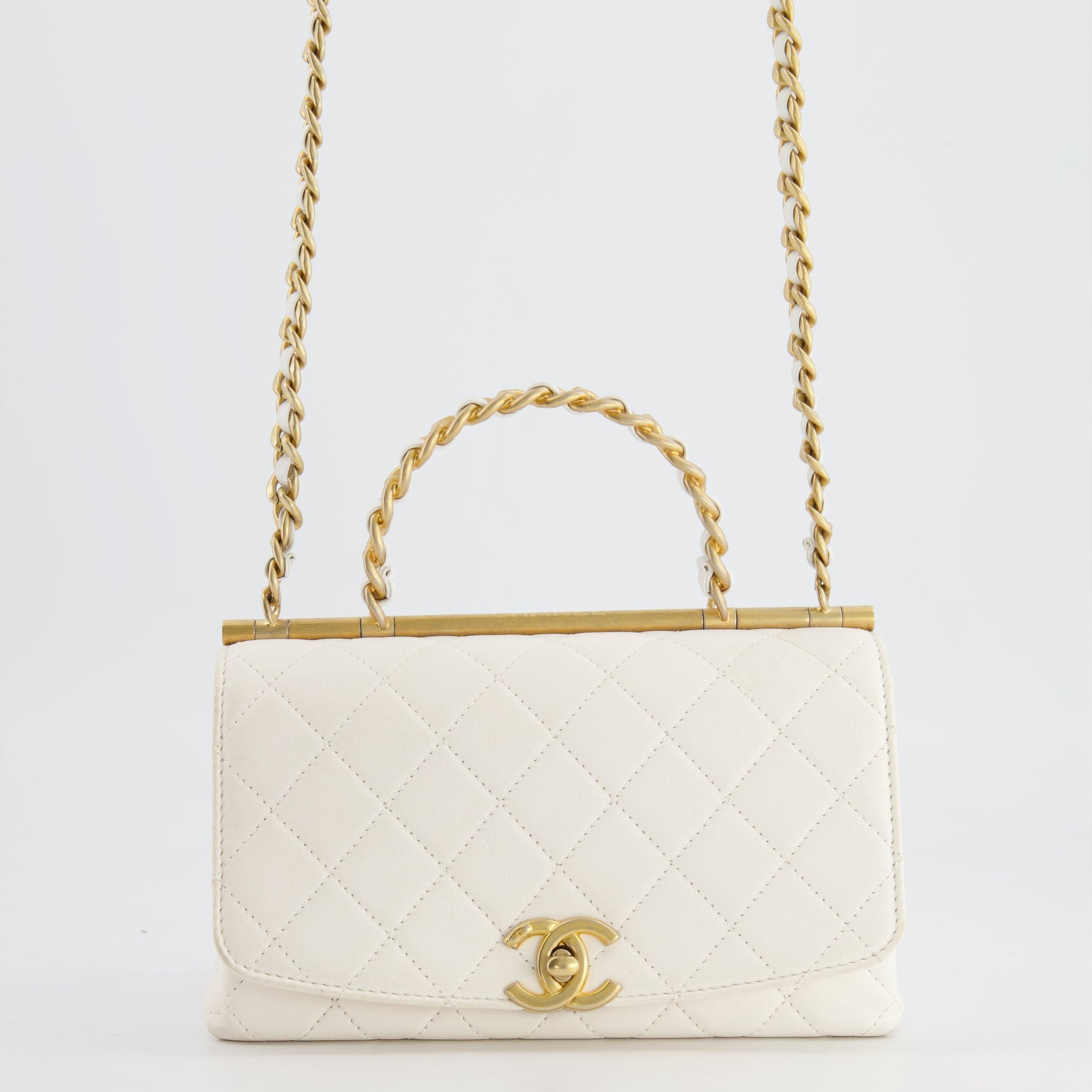 Chanel White Lambskin Leather Small Flap Bag with Brushed Gold Chain Top Handle