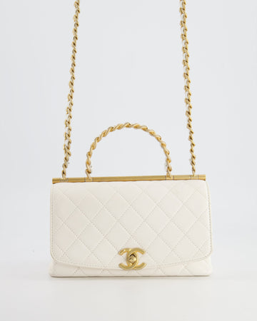 Chanel White Lambskin Leather Small Flap Bag with Brushed Gold Chain Top Handle