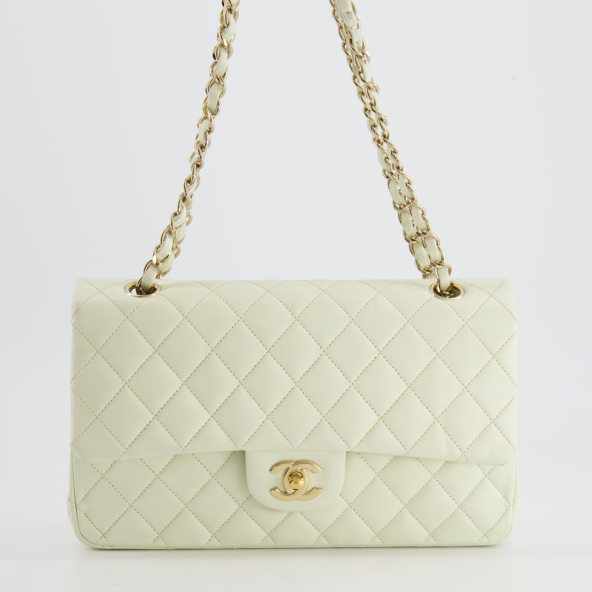 Chanel White Medium Double Flap Bag in Lambskin Leather with Champagne Gold Hardware